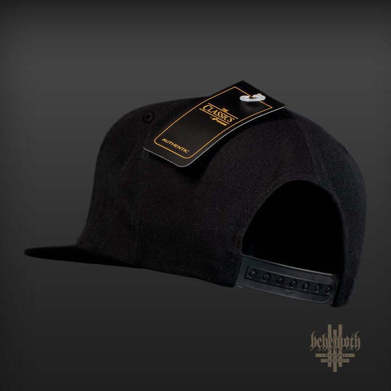 Behemoth 'Logo' snapback cap BOTB edition, black on black Yupoong design with adjustable back strap, side view.