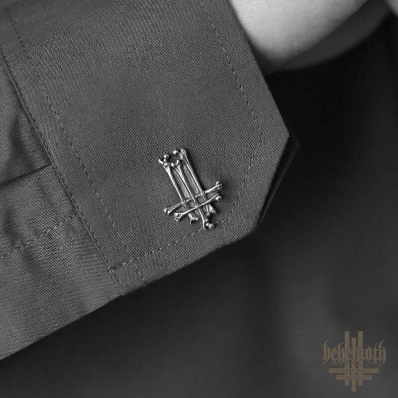 Behemoth 'Trivmviratvs' sterling silver cufflinks with dark, edgy design by Anna Mazon, displayed on shirt cuff for stylish look.