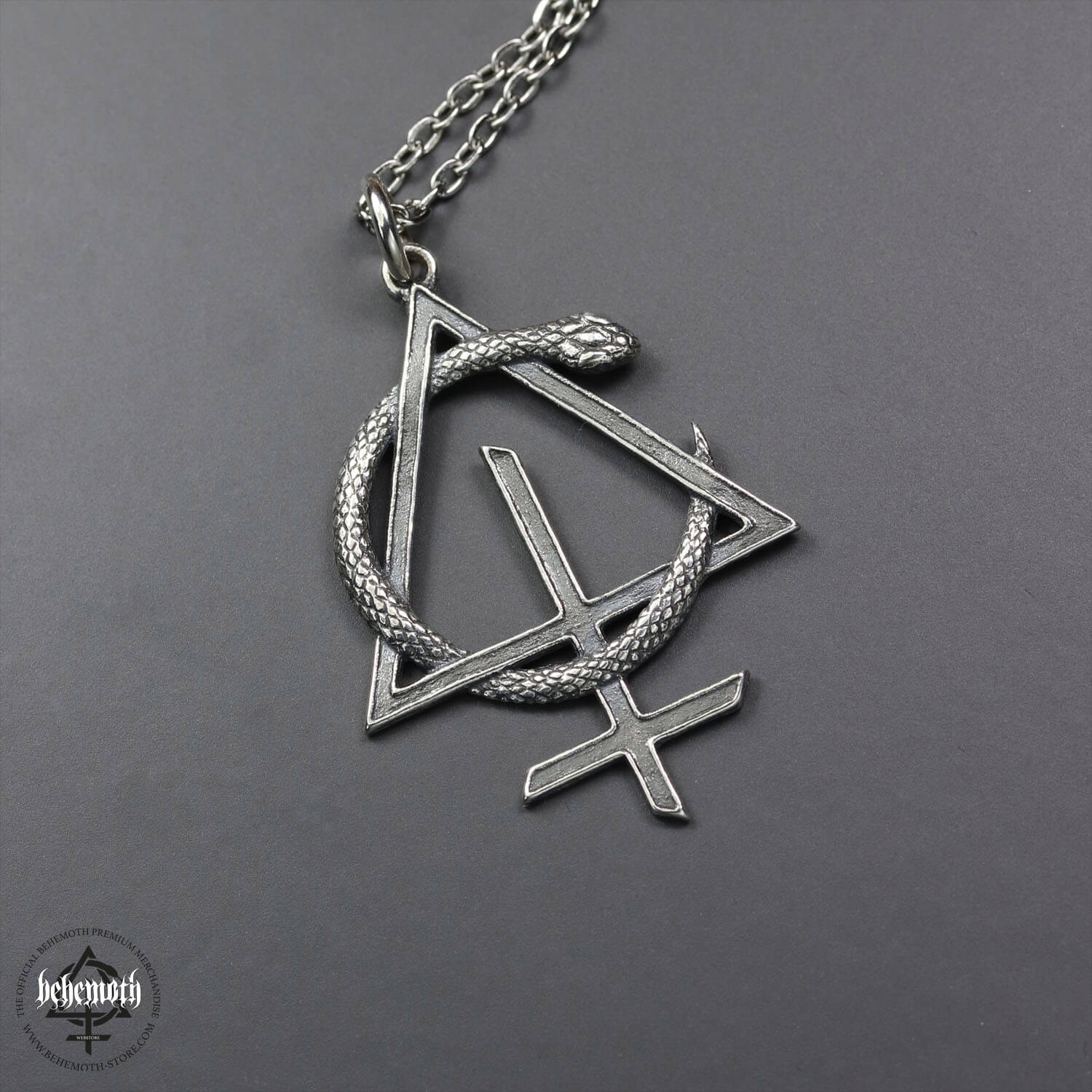 Behemoth 'CONTRA' sterling silver necklace with oxidized openwork pendant, hand sculpted, 4.4 cm long, triangle and snake design.