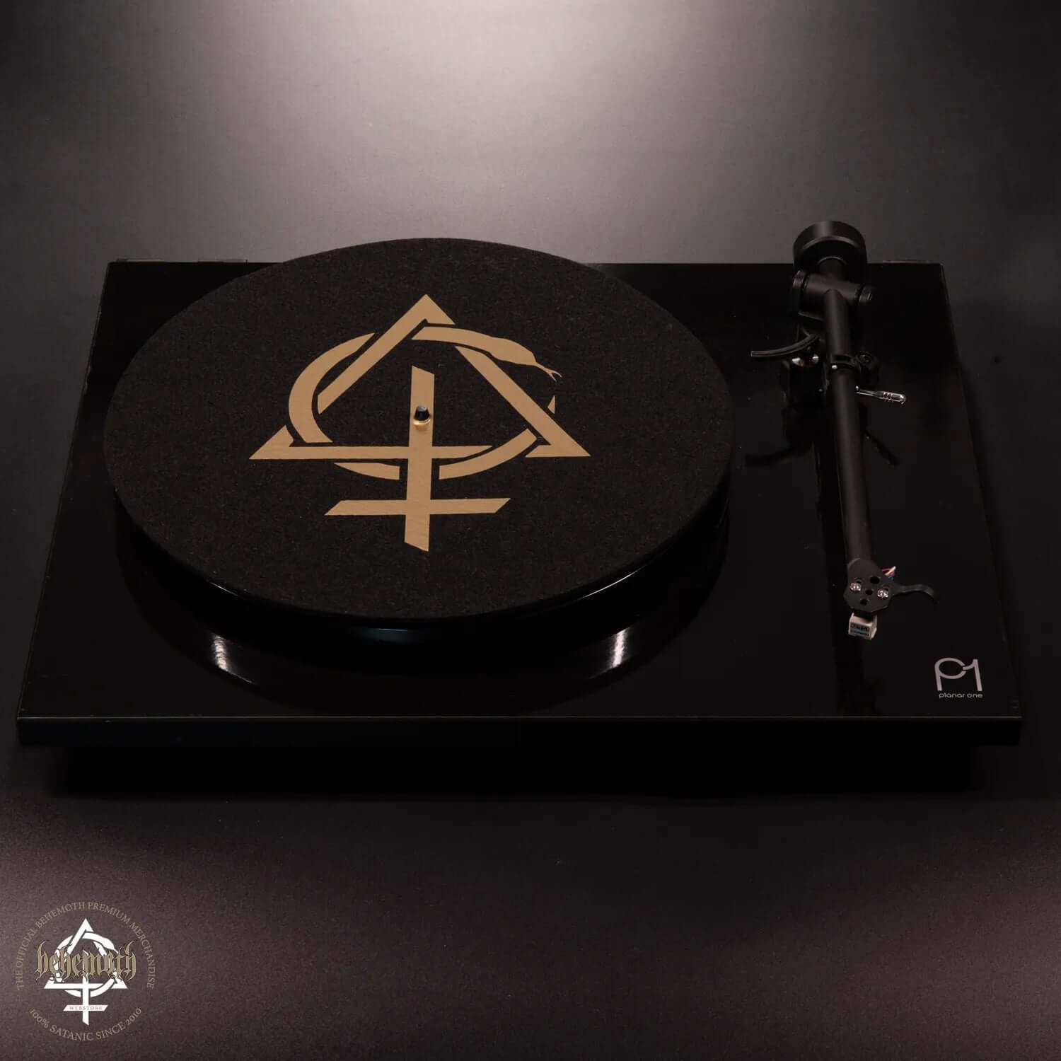 Behemoth 'Contra' design black felt slipmat on turntable, 3mm thick, 30cm diameter, durable print. Turntable not included.