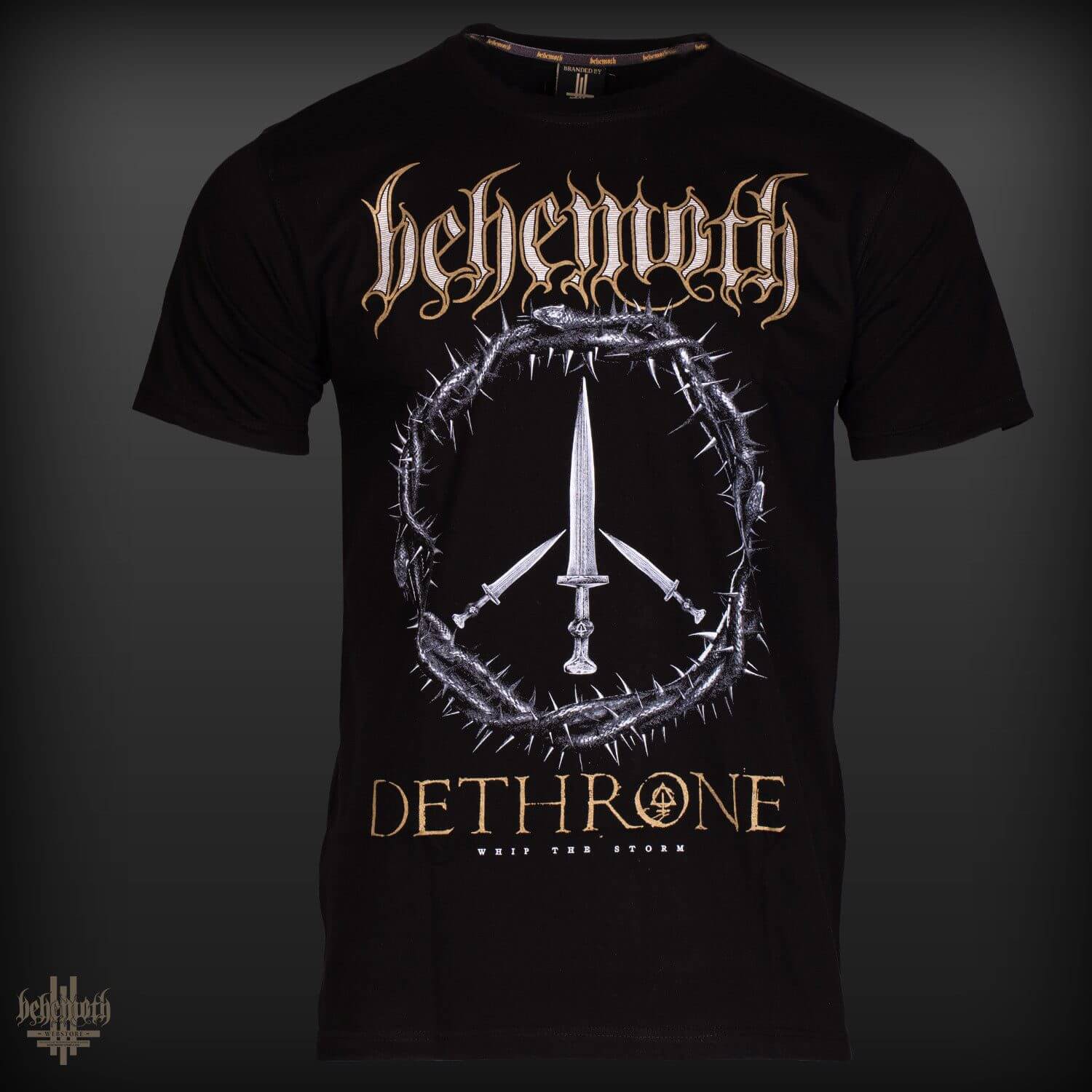 Behemoth 'Dethrone' black t-shirt with graphic and logo print, premium quality, durable design, made in Poland.