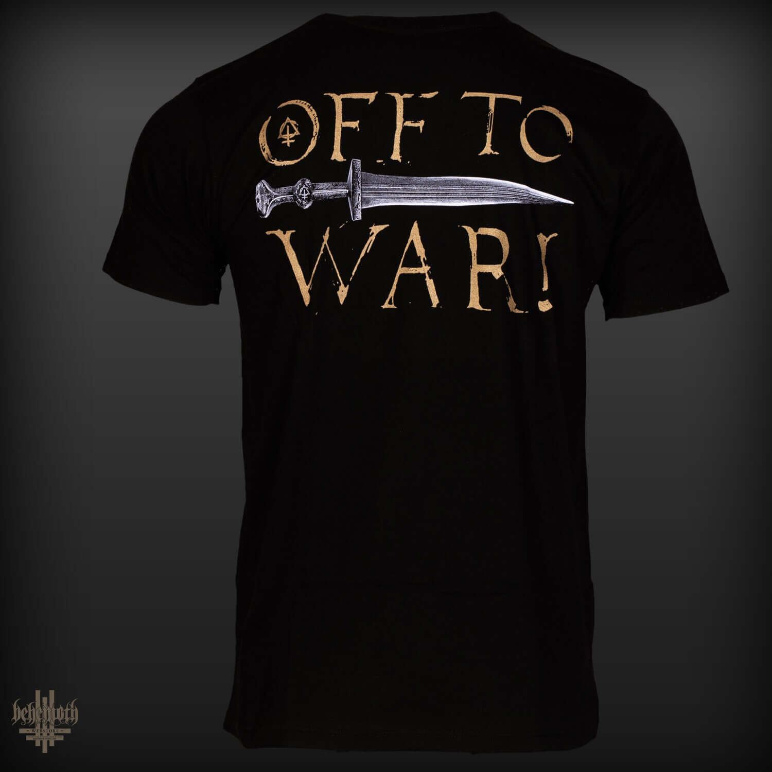 The Dethrone Behemoth T-Shirt featuring 'Off to War' design and sword graphic on the back, showcasing high-quality print and materials.