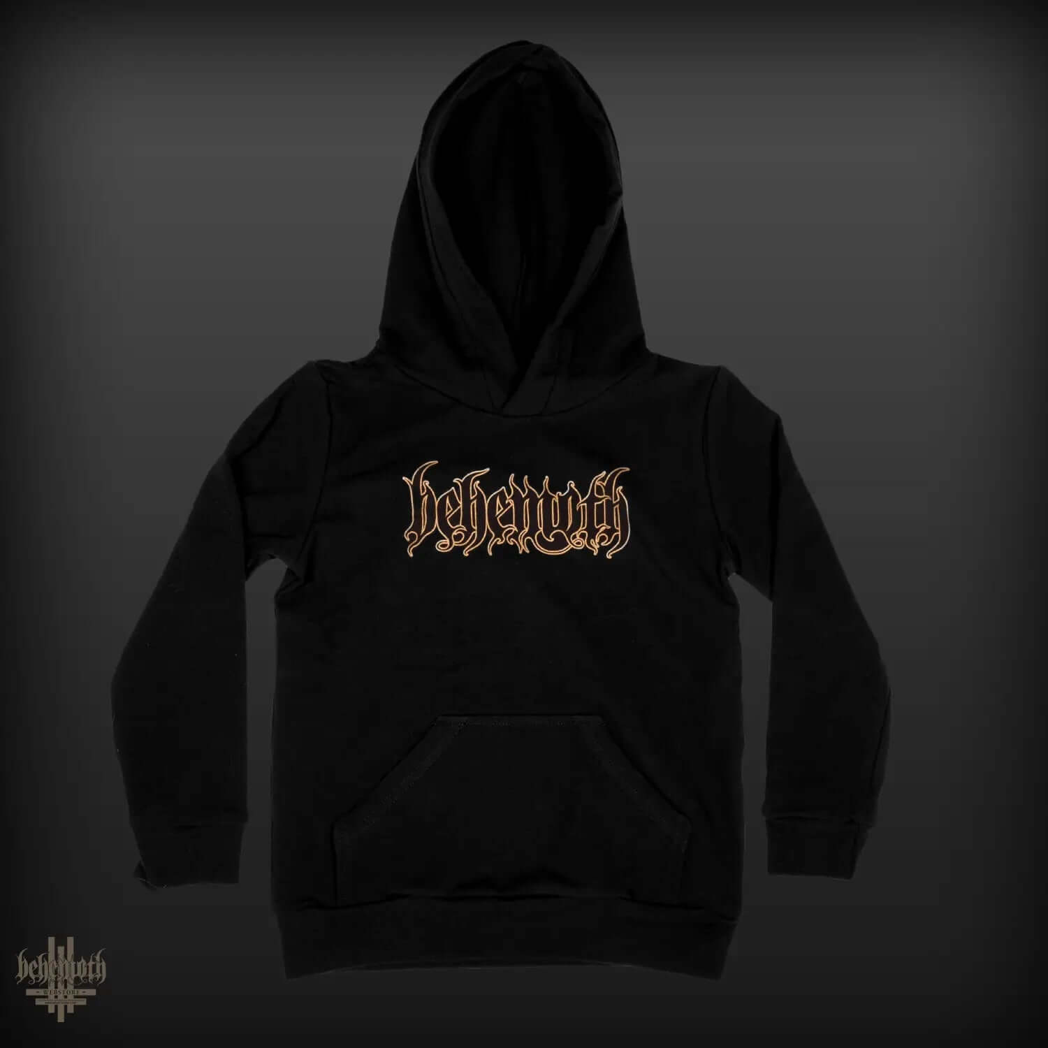 Black Behemoth Logo kids pullover hoodie with front print and pocket, made from OEKO-TEX certified cotton, premium quality.