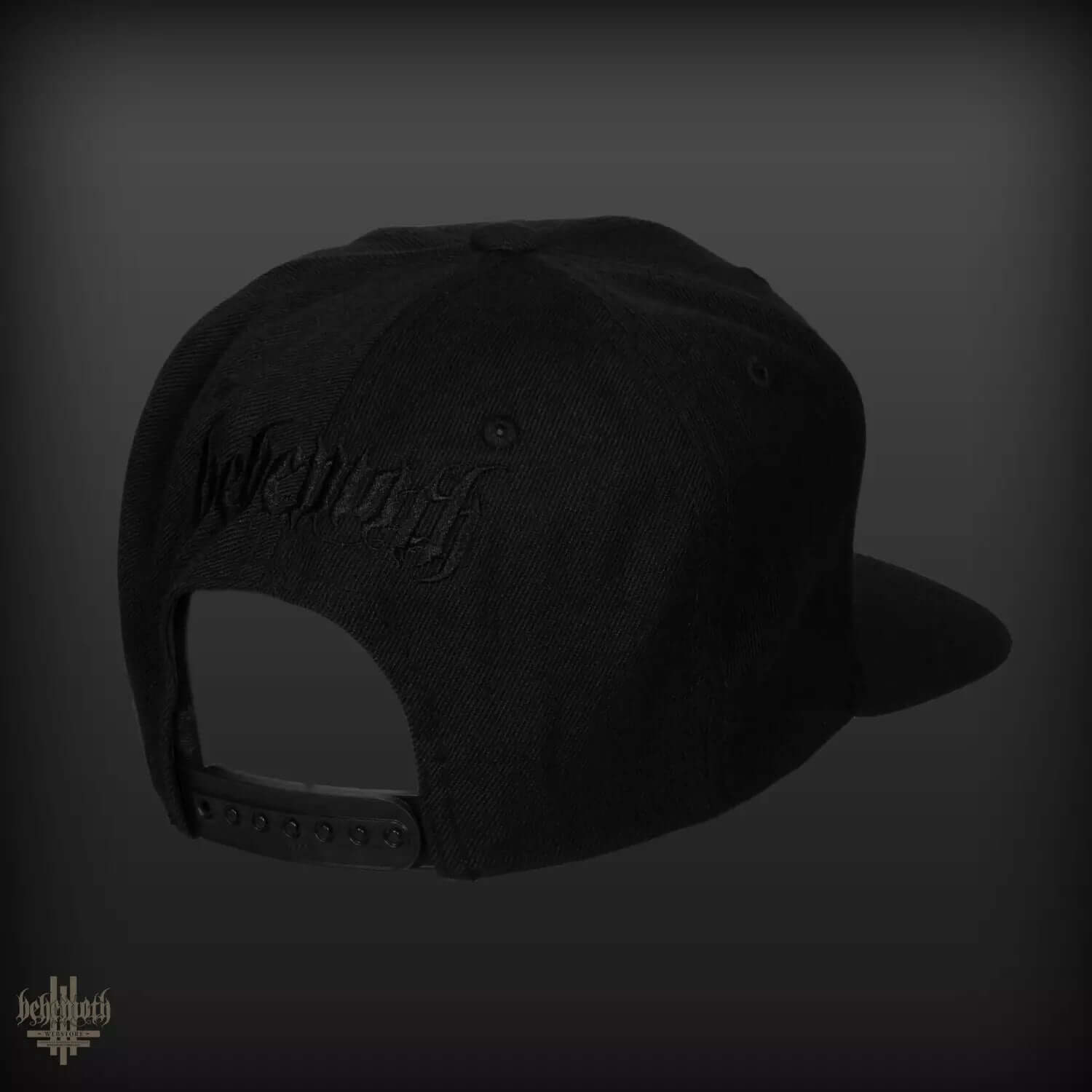 Black Behemoth 'CONTRA' snapback cap with embroidered logo, adjustable size. BOTB edition, minimalistic design.