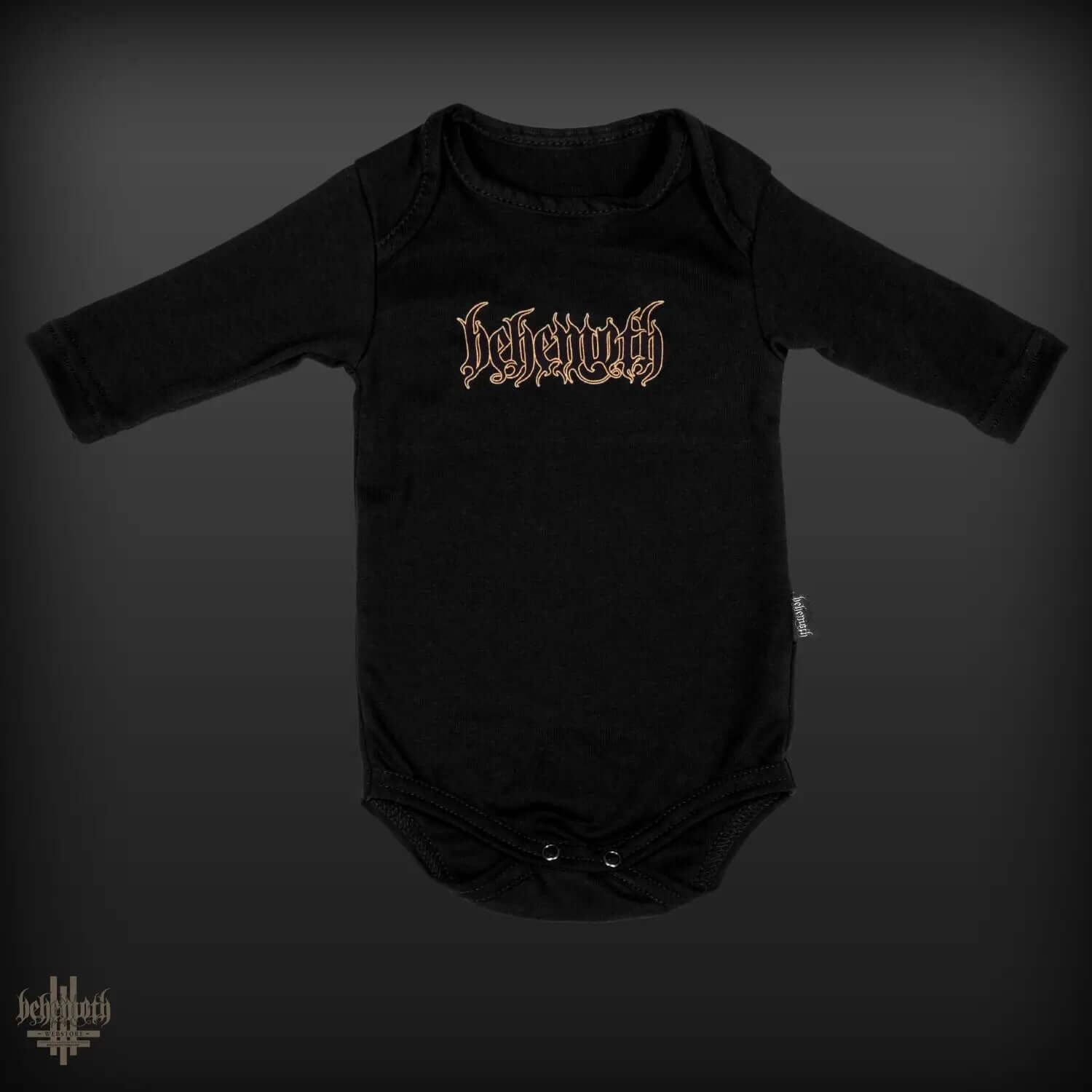 Behemoth logo baby onesie with long sleeves, snap poppers, and envelope neck made from certified safe cotton for children.