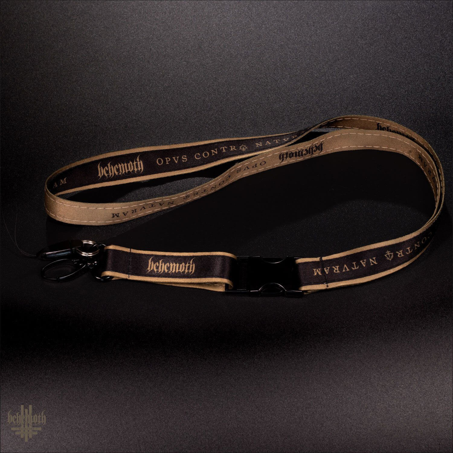 Behemoth 'Opvs Contra Natvram' lanyard with metal carabiner and clip on black background.