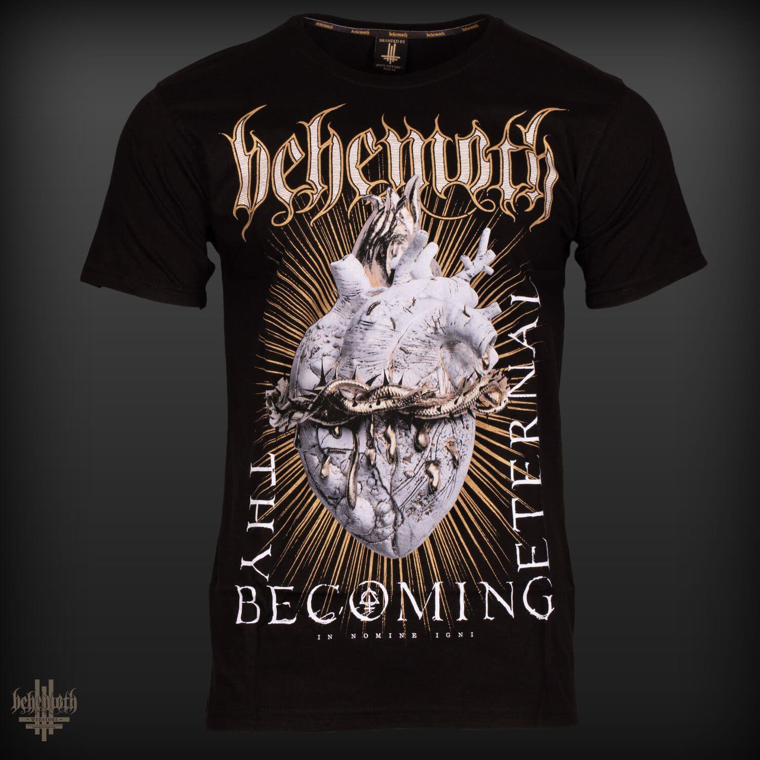 Black 'Thy Becoming Eternal' Behemoth t-shirt with front and back print, featuring intricate artwork and metallic gold text.