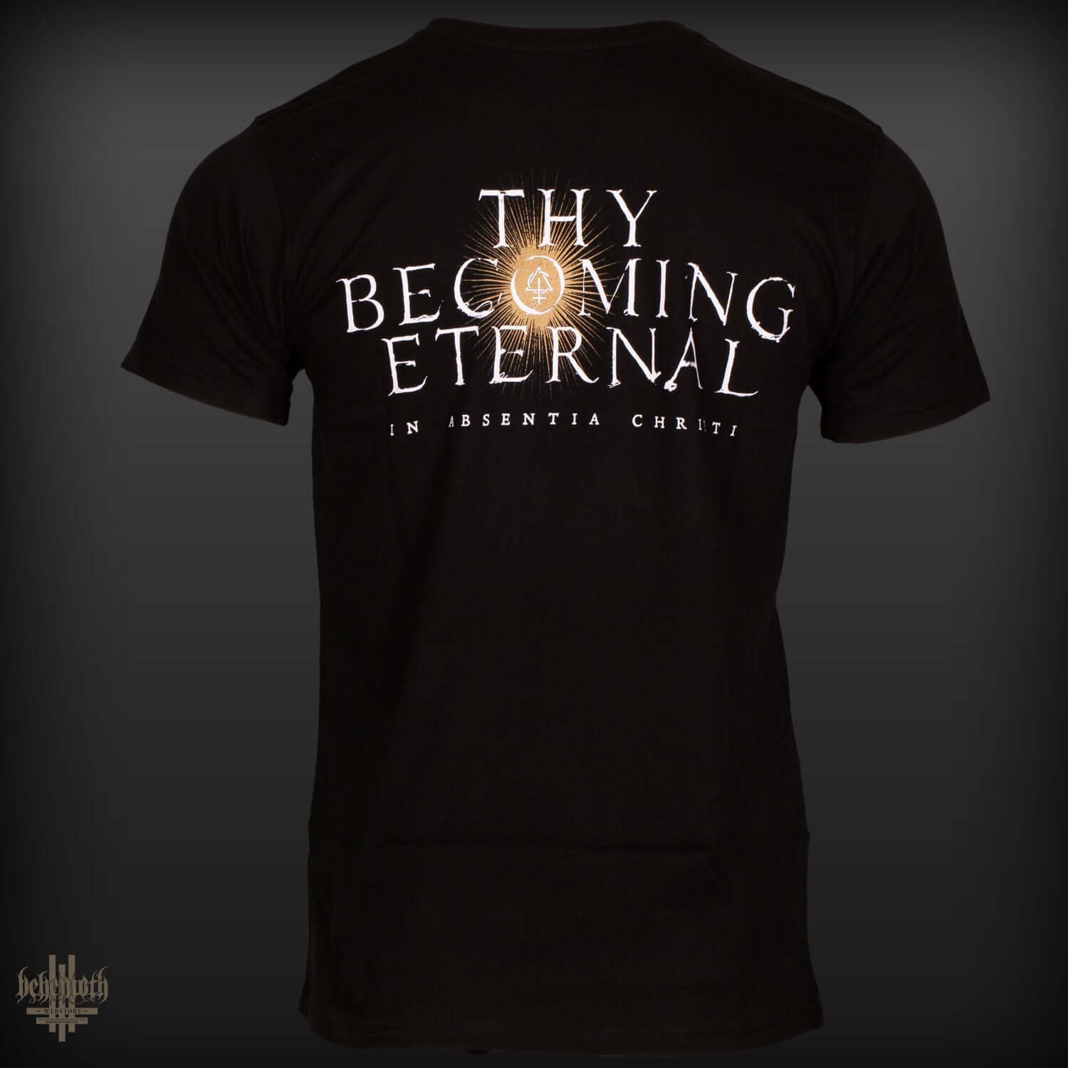 Back view of 'Thy Becoming Eternal' Behemoth black t-shirt with front and back print, premium quality, made in Poland.