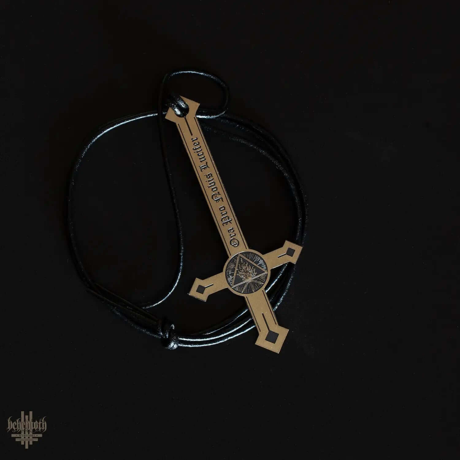 Brass necklace with Behemoth 'Ora Pro Nobis Lucifer' cross, featuring a handcrafted patined design, includes a 70cm leather strap.