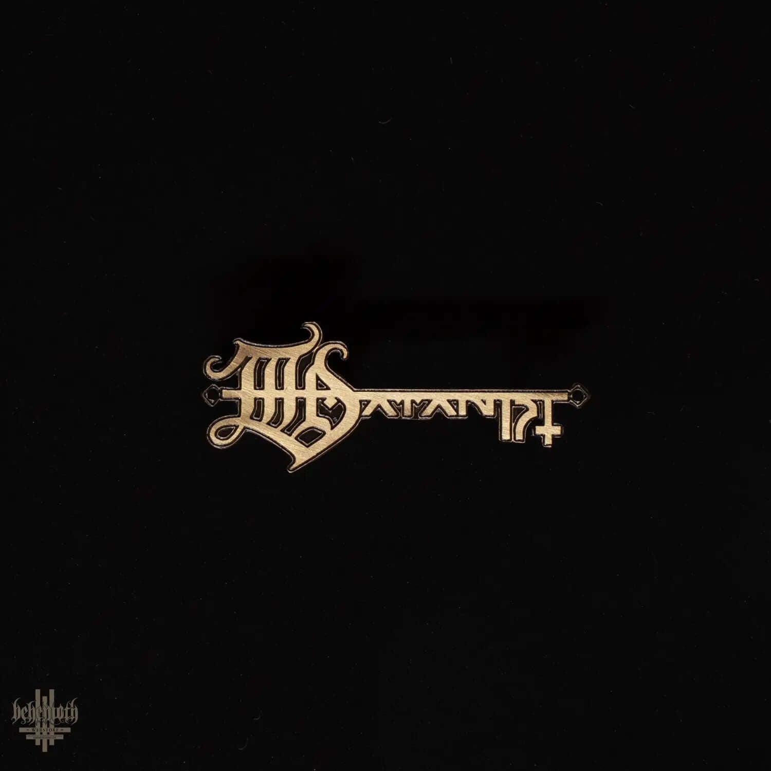 Behemoth 'The Satanist' patinated brass pin with intricate design, 2 inches wide, 0.8 inches high, perfect for collectors and fans.