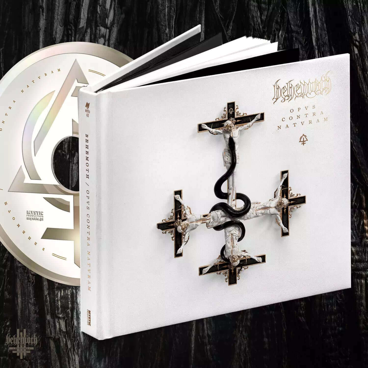 Behemoth 'Opvs Contra Natvram' LUX Digibook CD with elaborate white artwork, 36-page booklet, and gold disc.