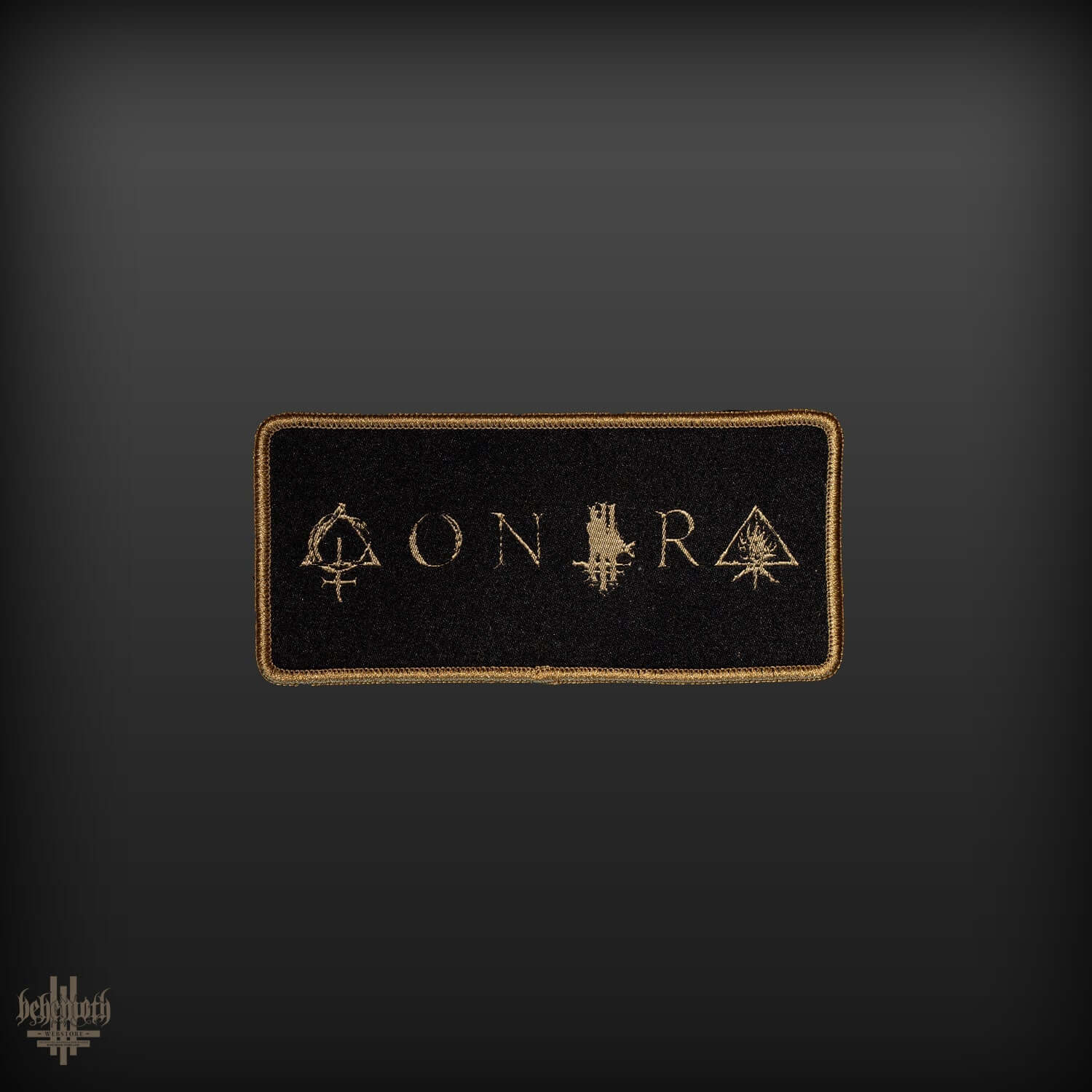 Behemoth 'Contra Logo' woven patch with Trivmviratvs and Unholy Trinity sigils, perfect for rebellious fans.