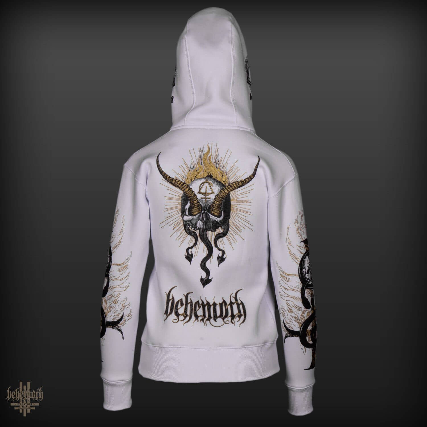 Back view of white women's 'Contra' Behemoth hooded sweatshirt with intricate black and gold design, no zipper, long sleeves.