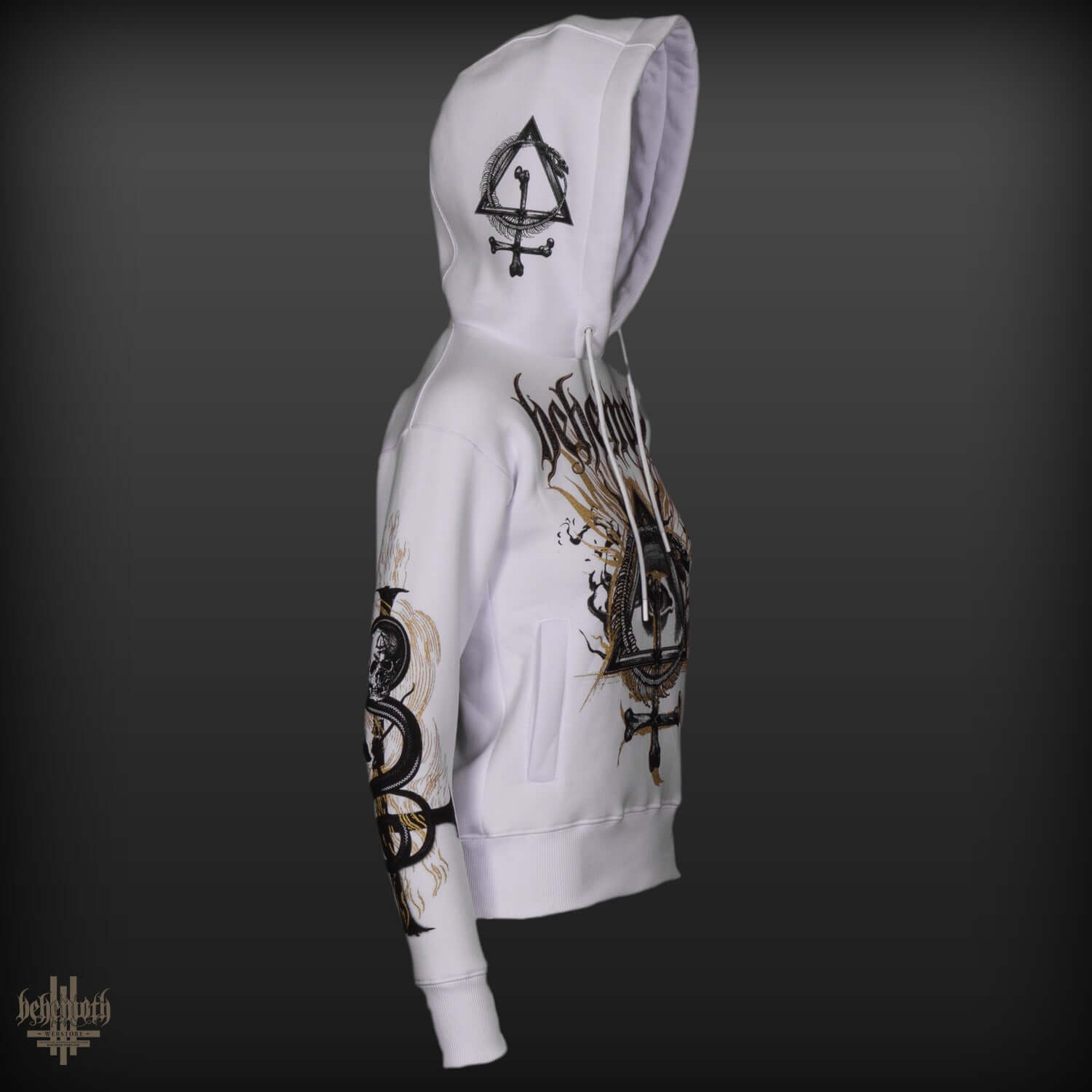 Alt Tag: Women's white 'Contra' Behemoth hoodie with intricate design on sleeve, hood, and front. Features large hood and no zipper.
