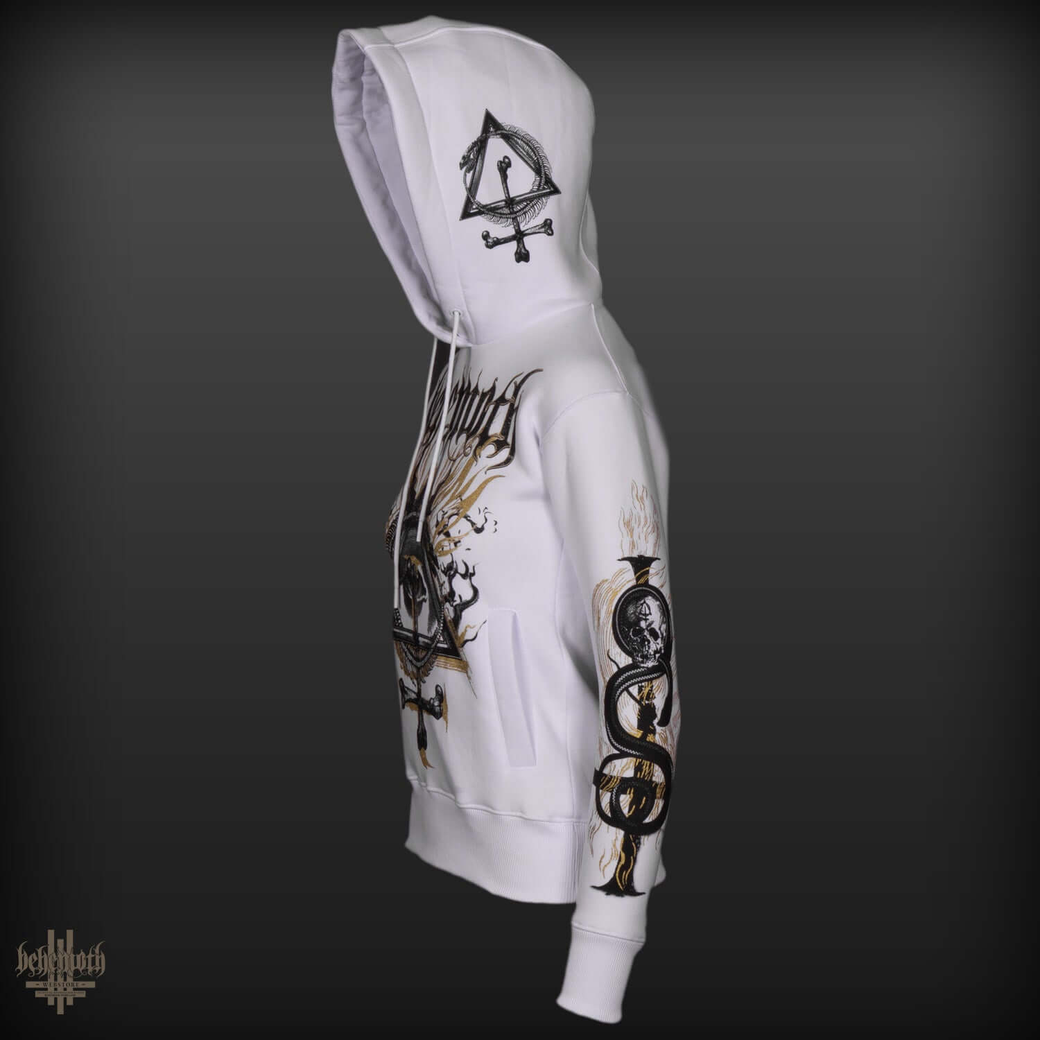 White Behemoth 'Contra' women's hoodie with artistic designs on the front, back, sleeve, and hood. Features front pockets and a large hood.