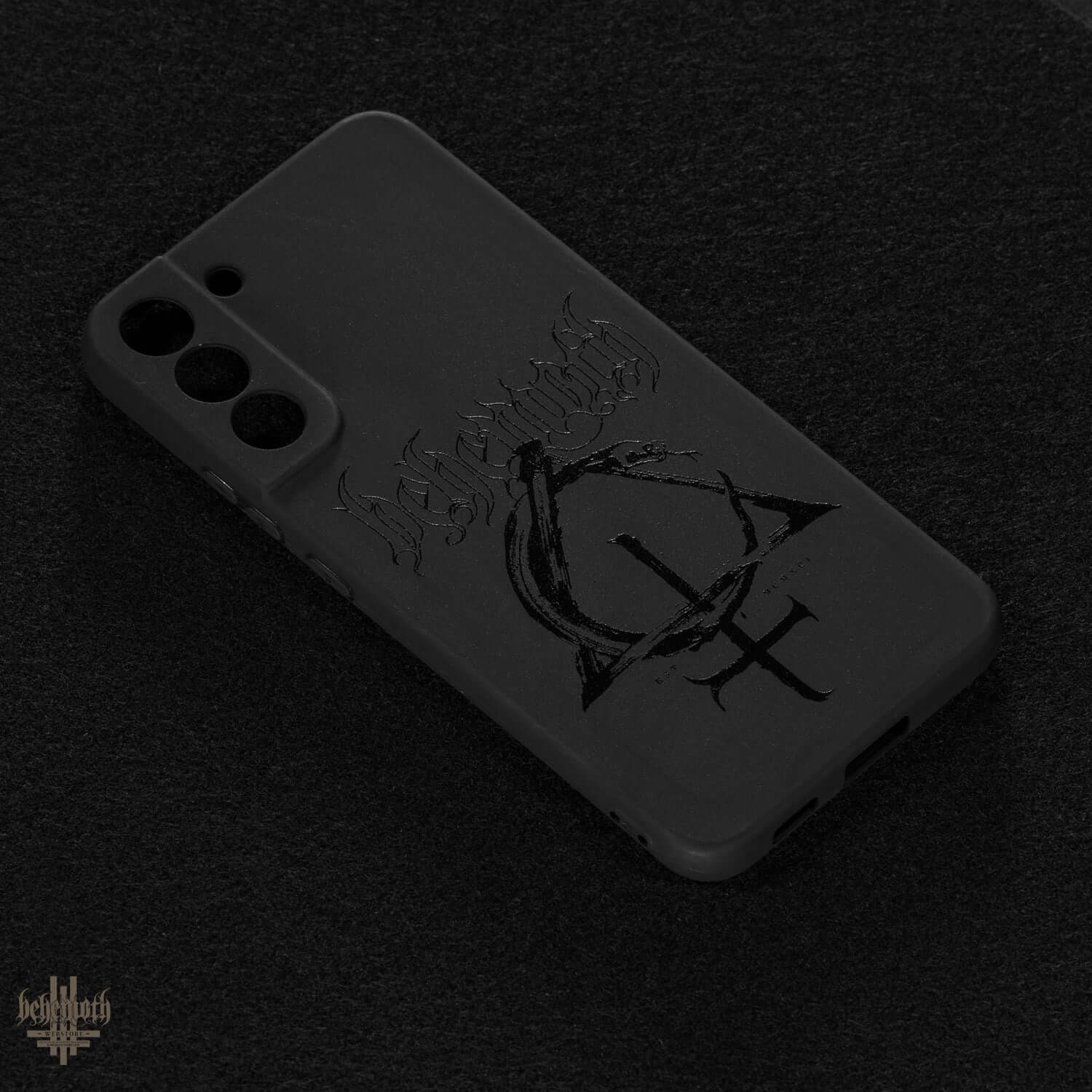 Black matte Behemoth silicone case for Samsung Galaxy S22 Plus with glossy logo and Contra symbol. Anti-slip, durable protection.