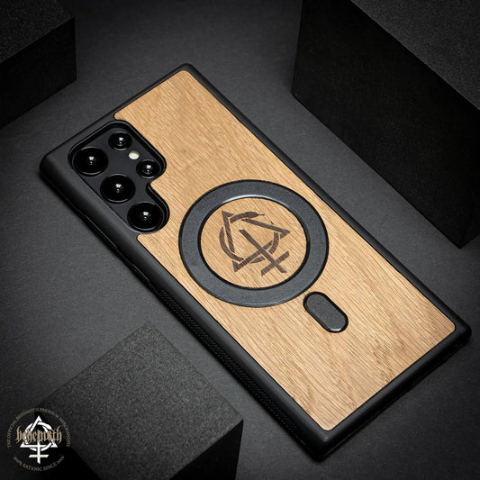 Samsung Galaxy S22 Ultra case with wood finishing and Behemoth 'CONTRA' logo