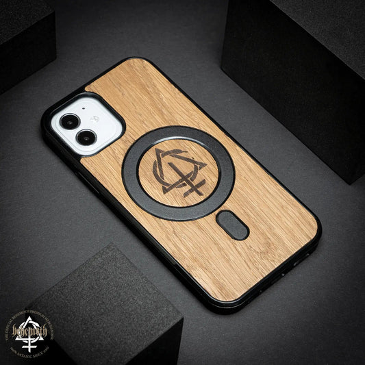 iPhone 12/12 Pro case with wood finishing and Behemoth 'CONTRA' logo