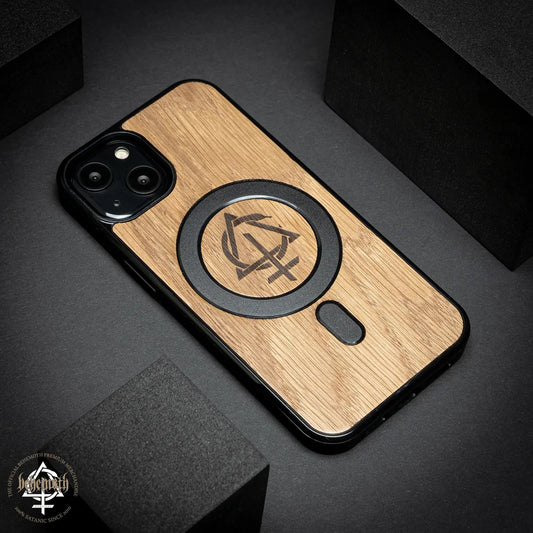 Apple iPhone 13 case with wood finishing and Behemoth 'CONTRA' logo