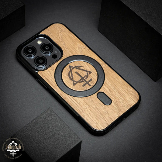 Apple iPhone 14 Pro case with wood finishing and Behemoth 'CONTRA' logo