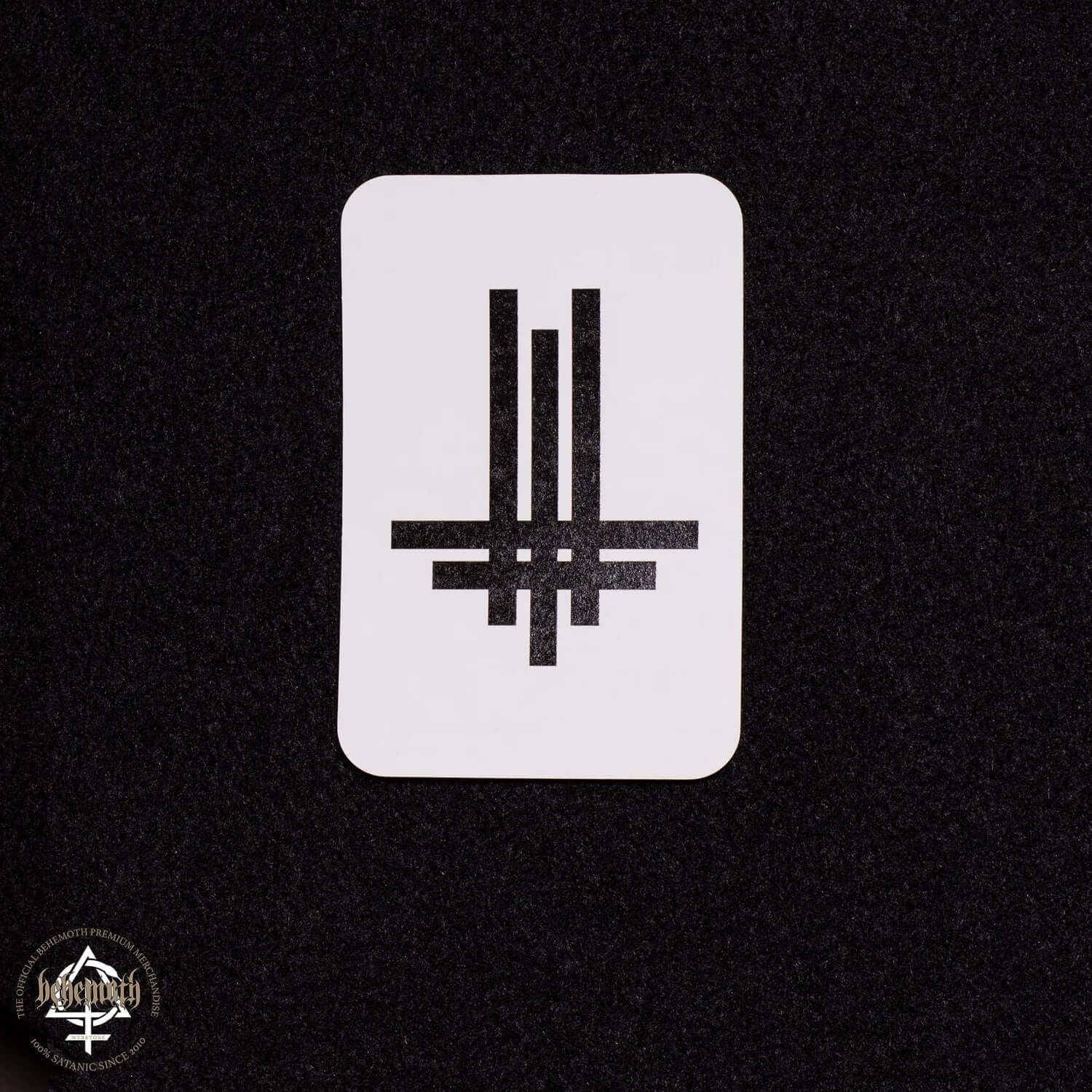 Vinyl sticker featuring Behemoth Ecclesia Diabolica design, glossy finish, 8x12cm, durable for indoor/outdoor use, UV protected.