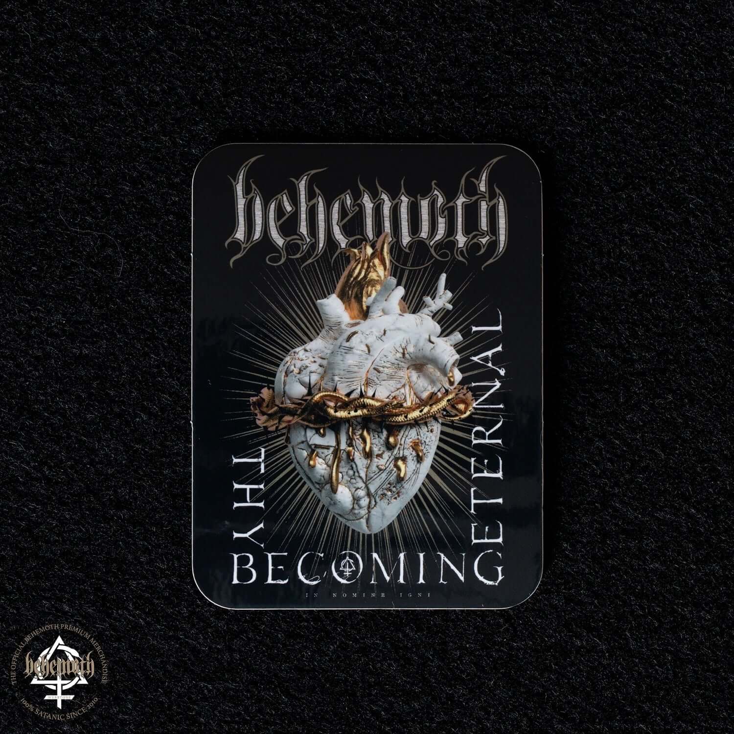 Vinyl sticker with Behemoth 'Thy Becoming Eternal' design, glossy finish, 7.5x10 cm, durable for indoor and outdoor, UV protected.