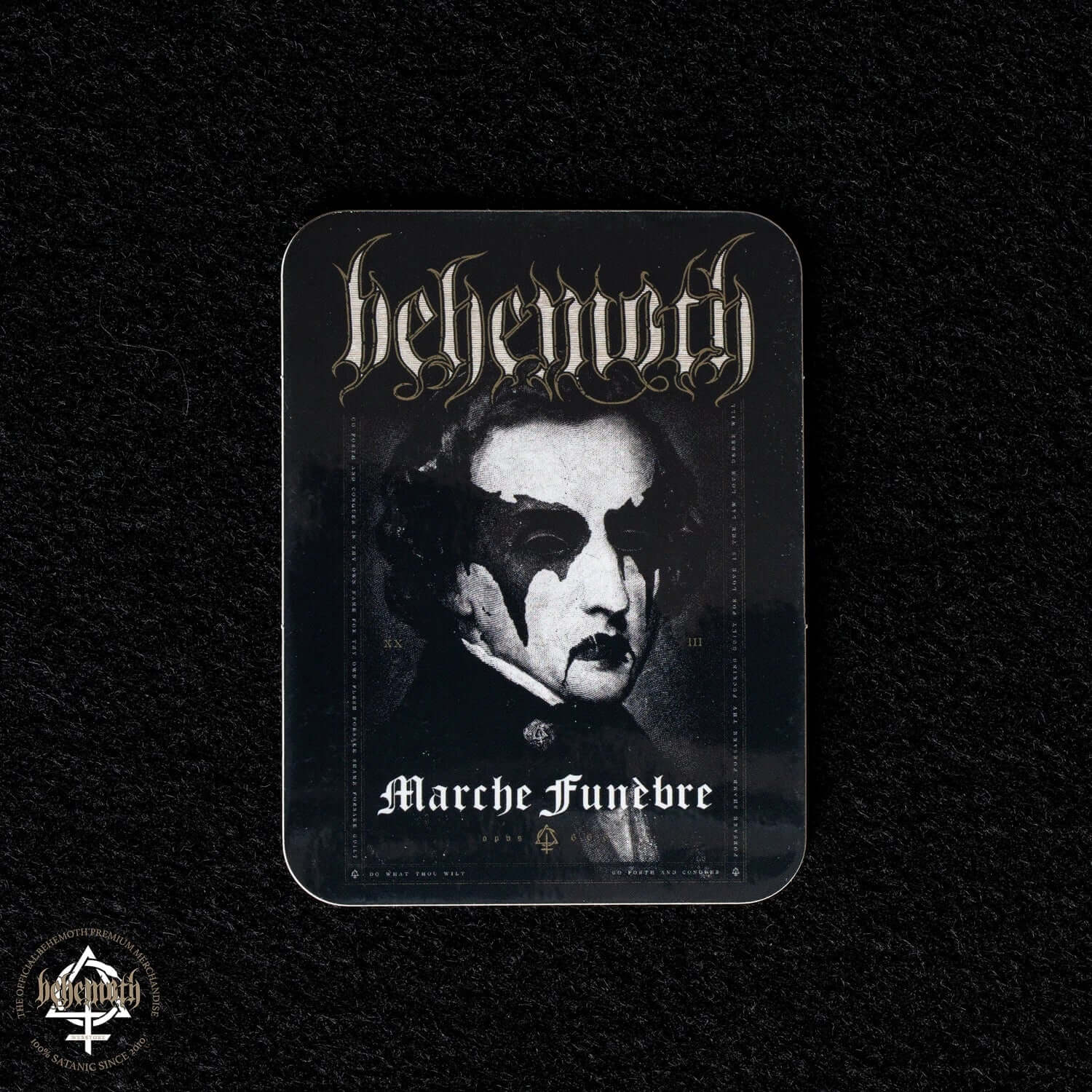 Behemoth 'Marche Funebre' vinyl sticker with glossy finish, 7.5x10 cm, UV protected, durable for indoor and outdoor.