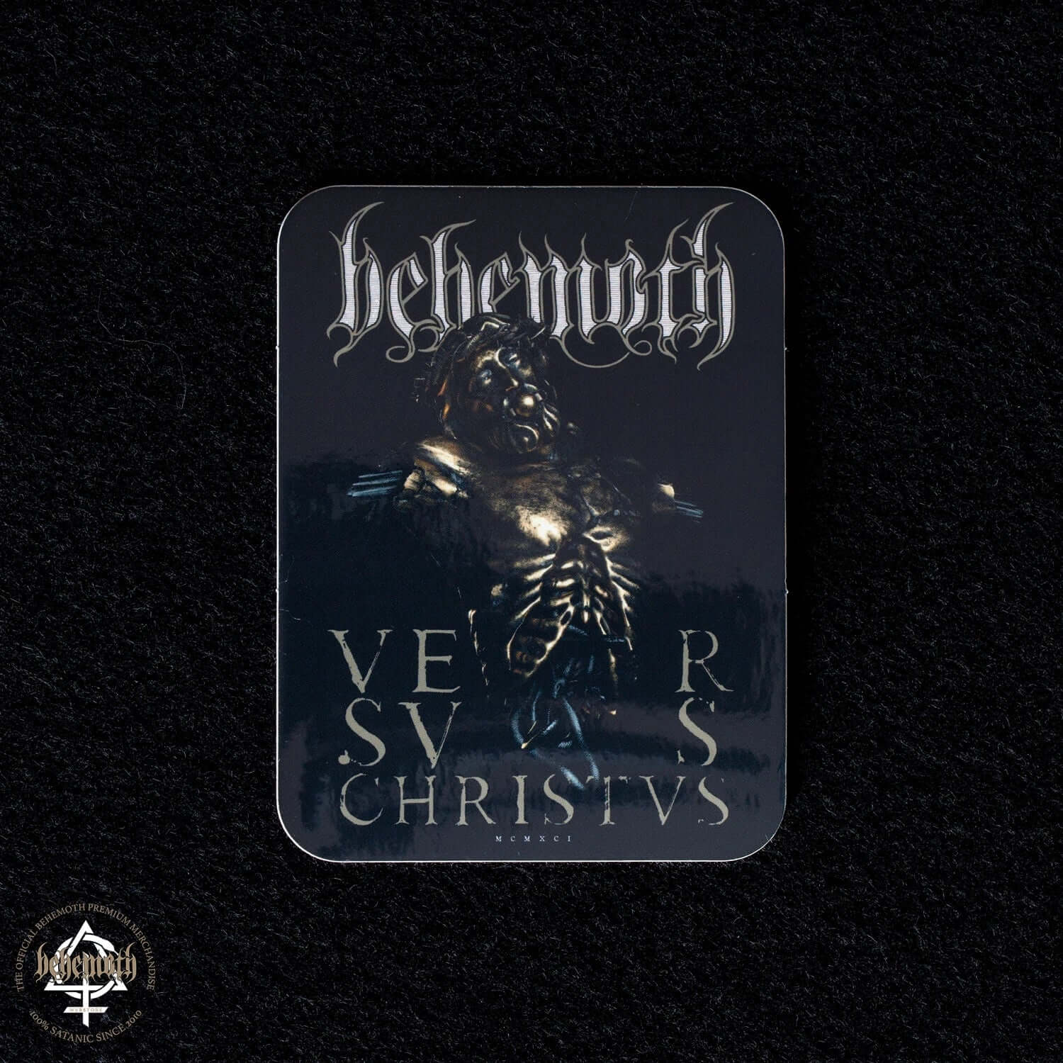 Behemoth 'Versvs Christvs' black vinyl sticker with glossy finish and durable design, size 7.5x10 cm, perfect for indoor or outdoor use.