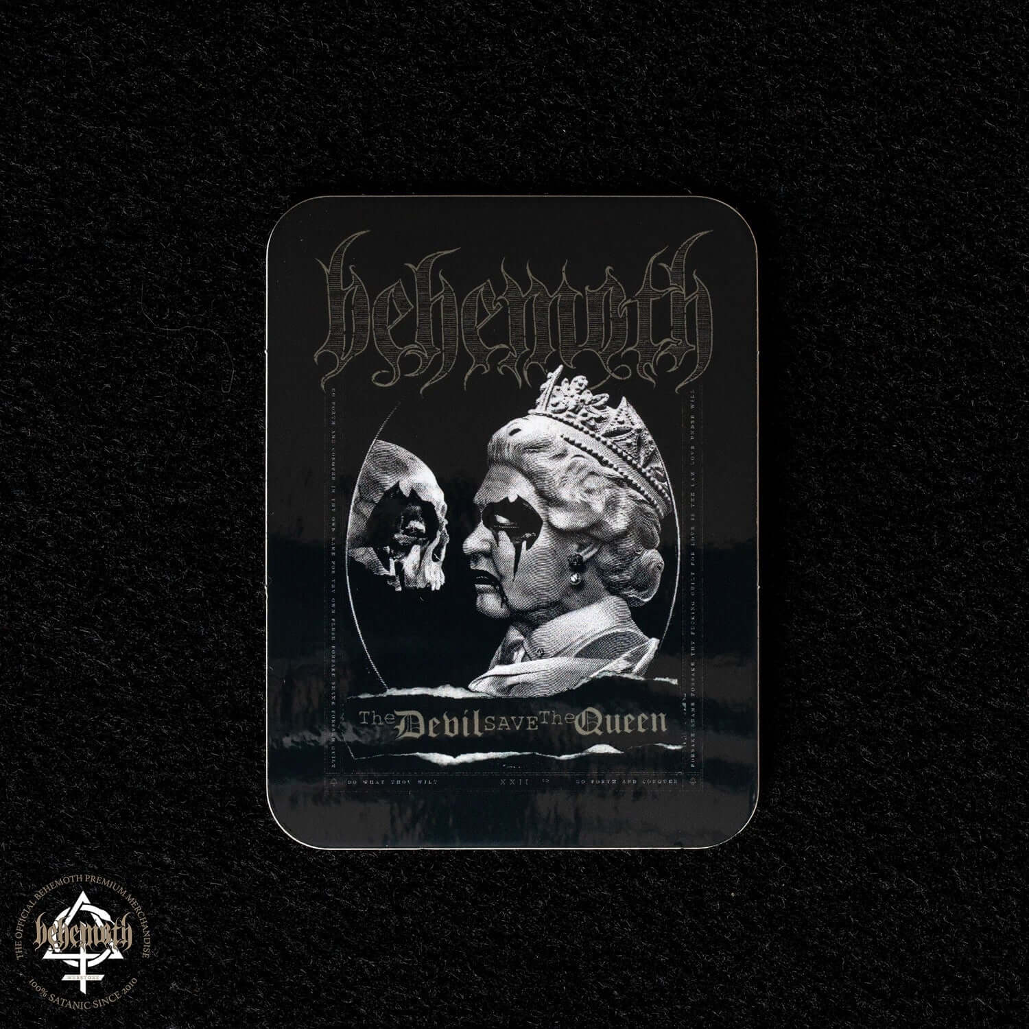 Vinyl sticker featuring Behemoth 'The Devil Save The Queen' design, glossy finish, 7.5x10 cm, durable for indoor and outdoor use.