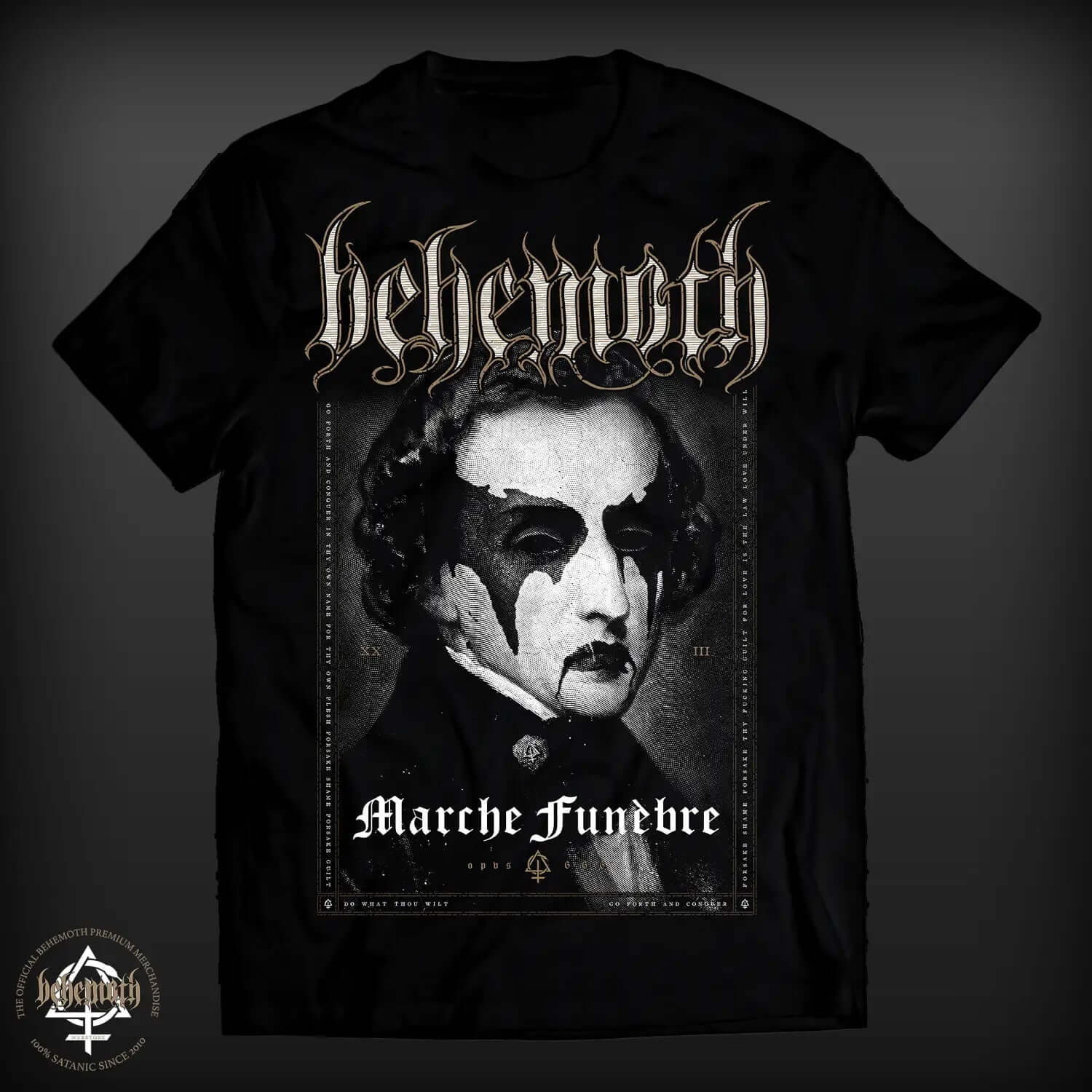 Behemoth 'Marche Funèbre' t-shirt featuring gothic portrait, unisex sizing.
