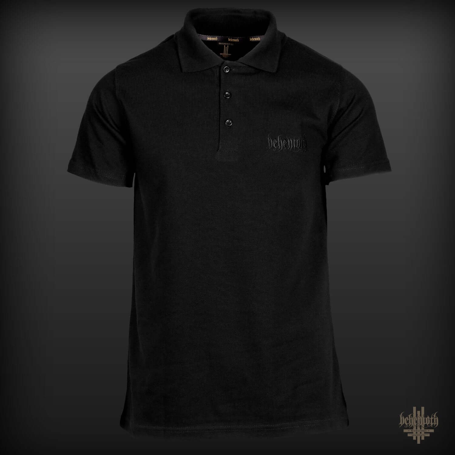 Black Behemoth 'Contra' polo T-shirt with embroidered logo, part of BOTB collection, premium quality and minimalistic design.