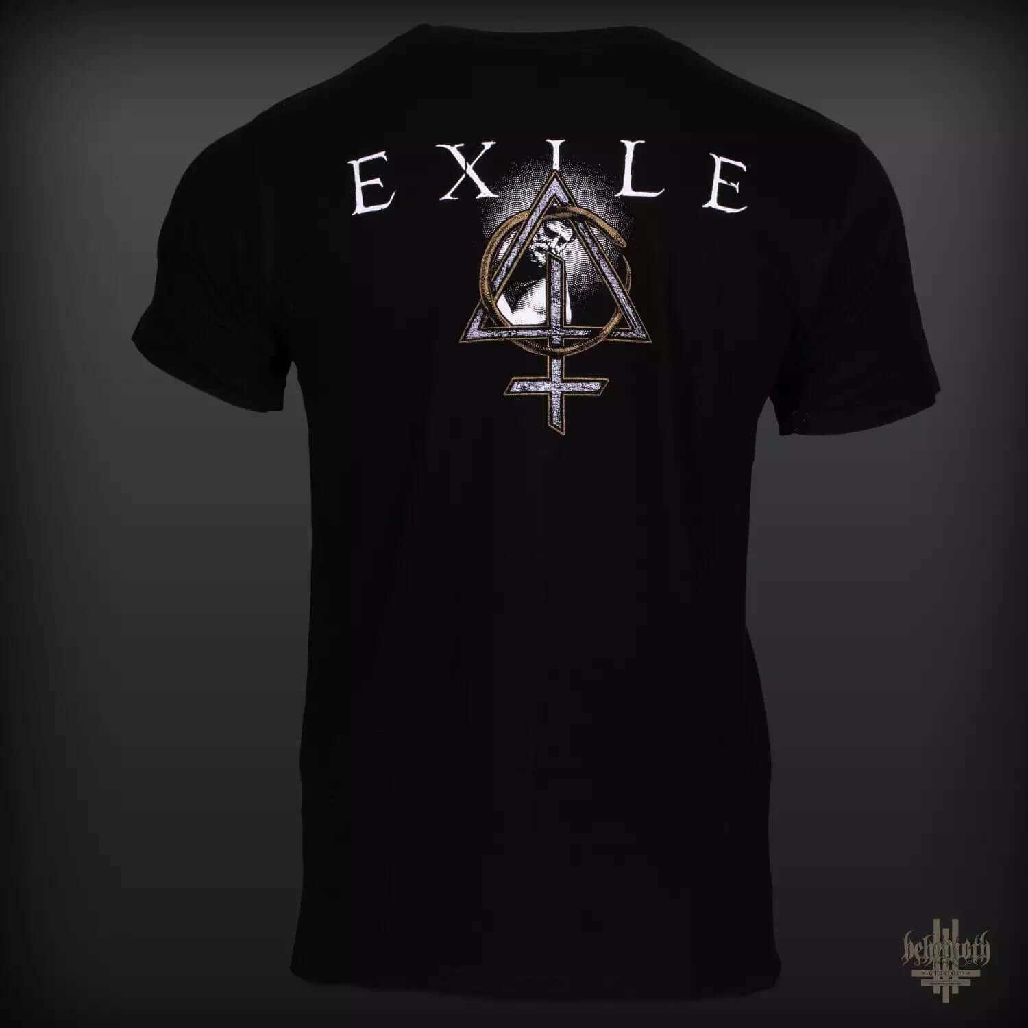 Back view of 'Centavr' Behemoth T-Shirt featuring 'EXILE' and intricate graphic design, highlighting premium black cotton material.
