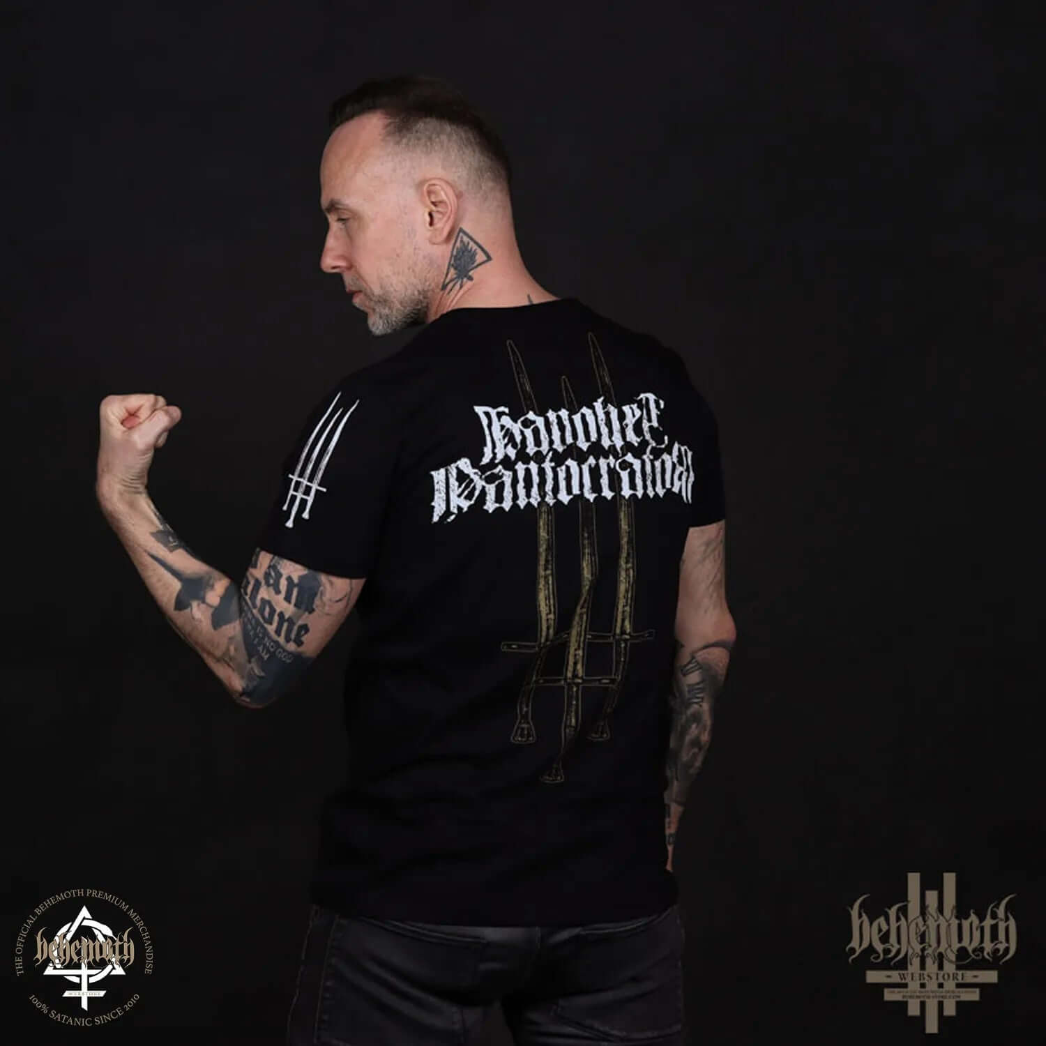 Behemoth 'Havohej Pantocrator' T-Shirt with back print, model showcasing arm tattoos.