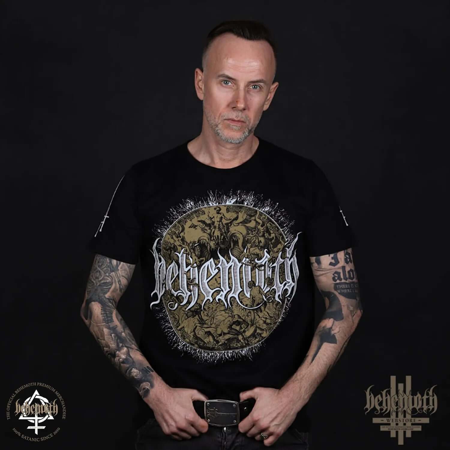 Man wearing black Behemoth 'Havohej Pantocrator' T-shirt with intricate front print