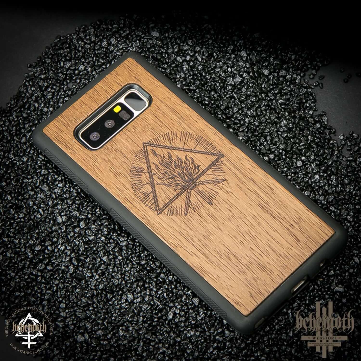 Samsung Galaxy Note 8 case with merbau wood finish and engraved Behemoth 'The Unholy Trinity' logo, made in Poland.