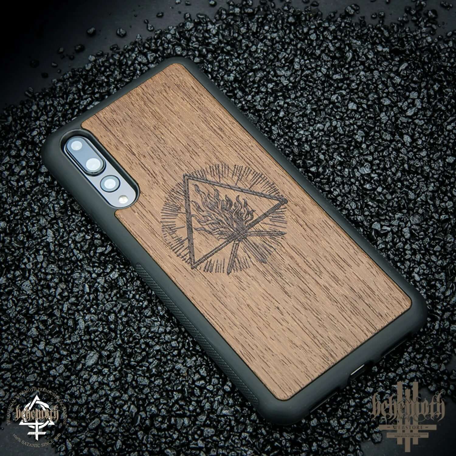 Huawei P20 Pro case with merbau wood finish, featuring engraved Behemoth 'The Unholy Trinity' logo, hand-crafted in Poland.