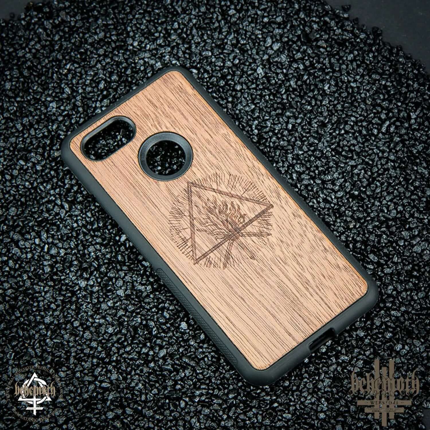 Google Pixel 3 wood phone case with Behemoth 'The Unholy Trinity' logo engraving, made of merbau wood and polycarbonate base.