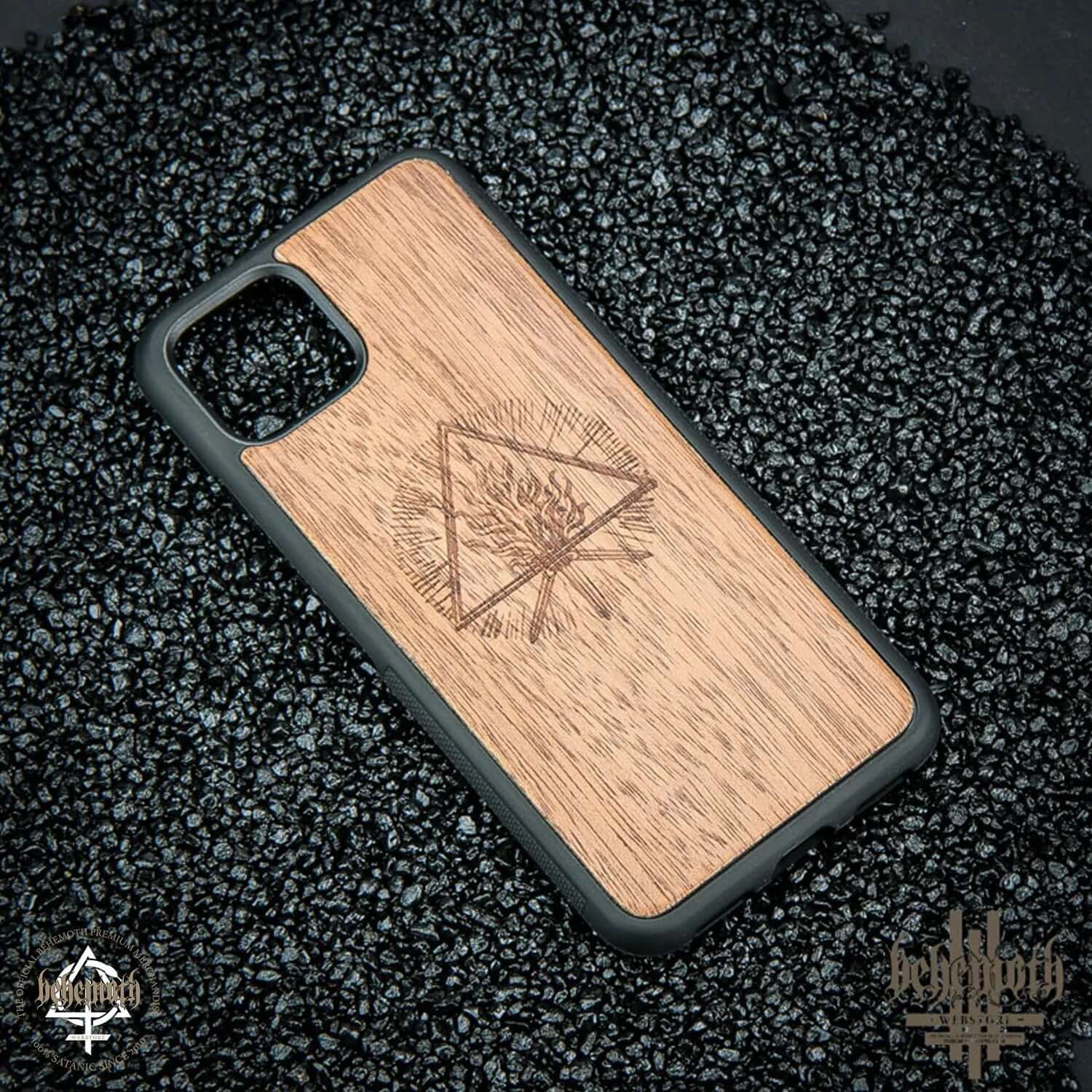 Google Pixel 4 case with wood finish and Behemoth 'The Unholy Trinity' logo, made of exotic merbau wood, hand-finished in Poland.