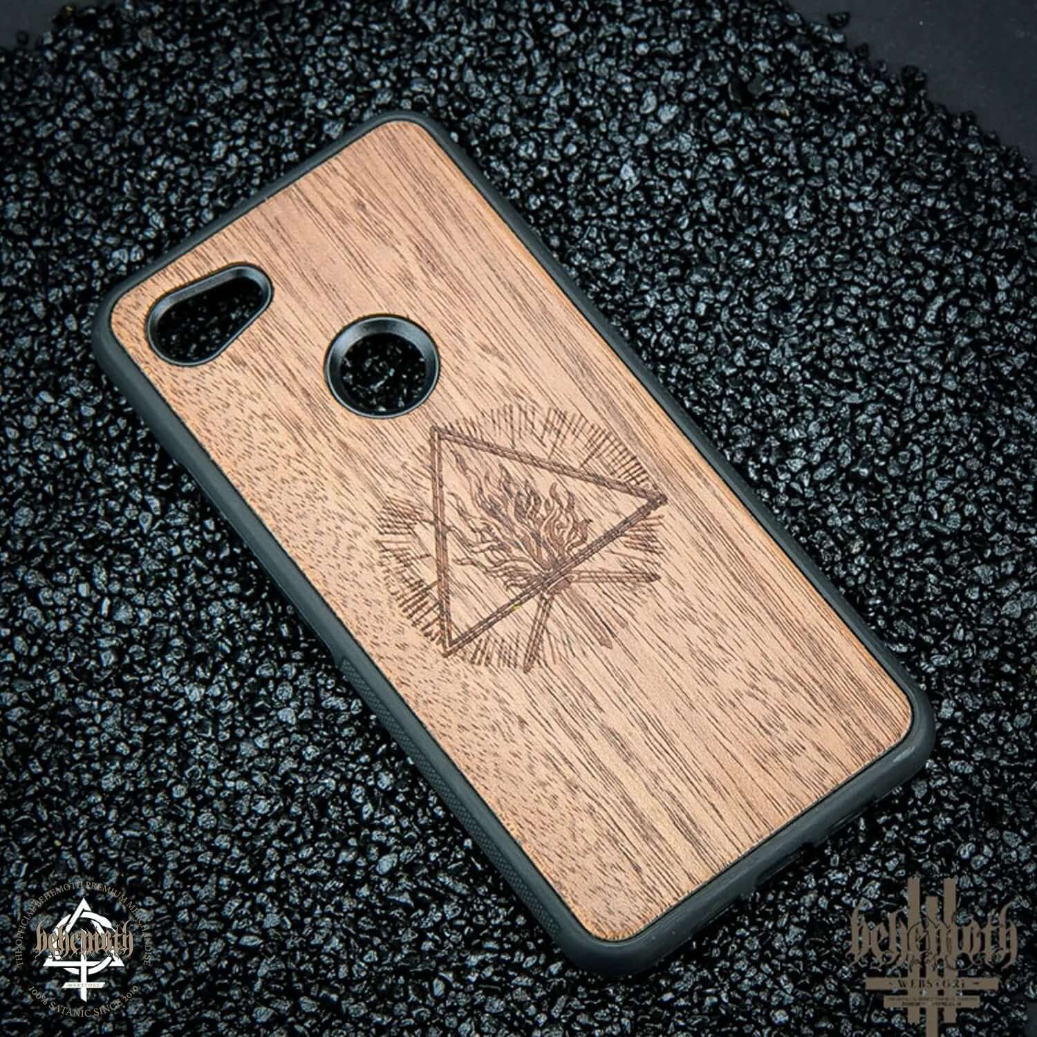 Google Pixel 3A XL wood phone case with Behemoth 'The Unholy Trinity' logo engraved, handcrafted in Poland with merbau wood finish.