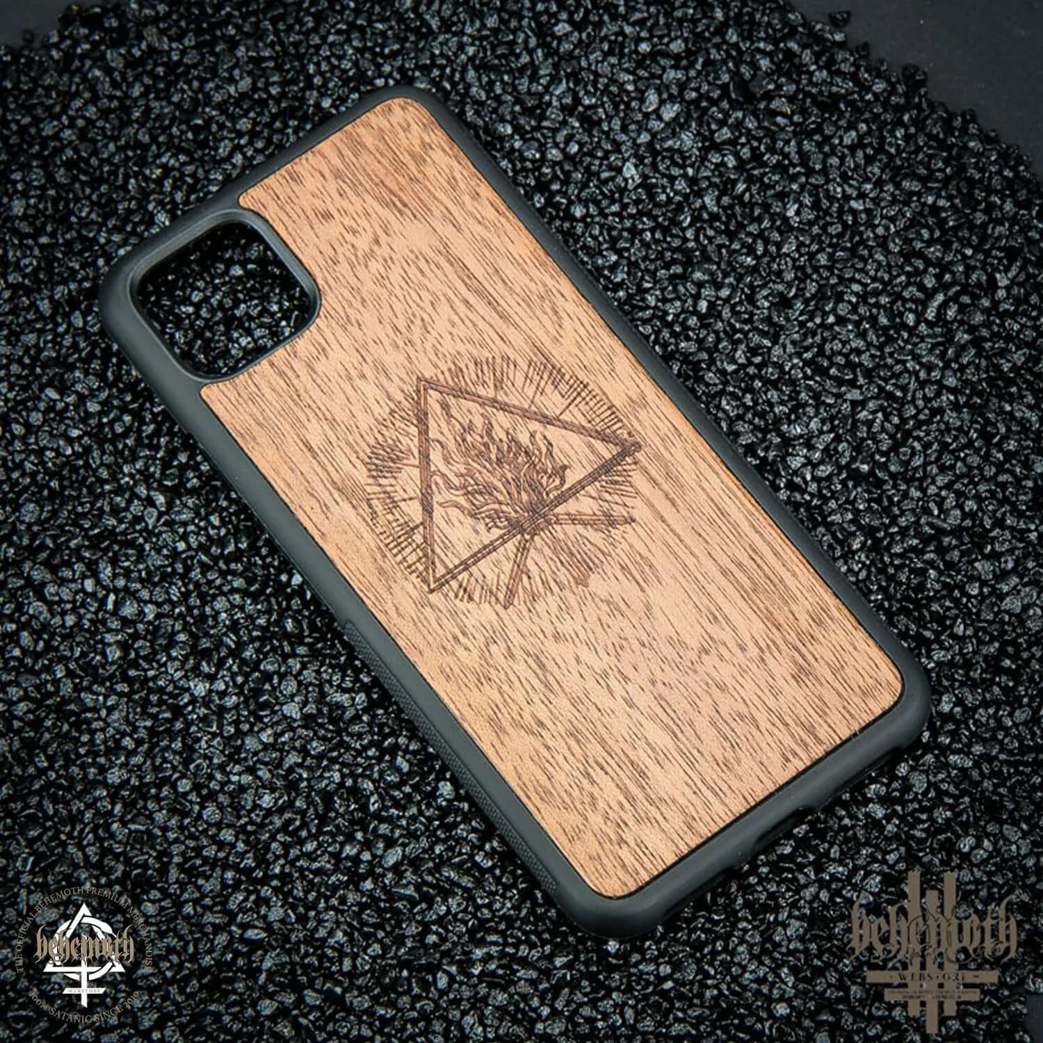 Google Pixel 4 XL case with merbau wood and Behemoth 'The Unholy Trinity' logo, hand-finished and made in Poland.