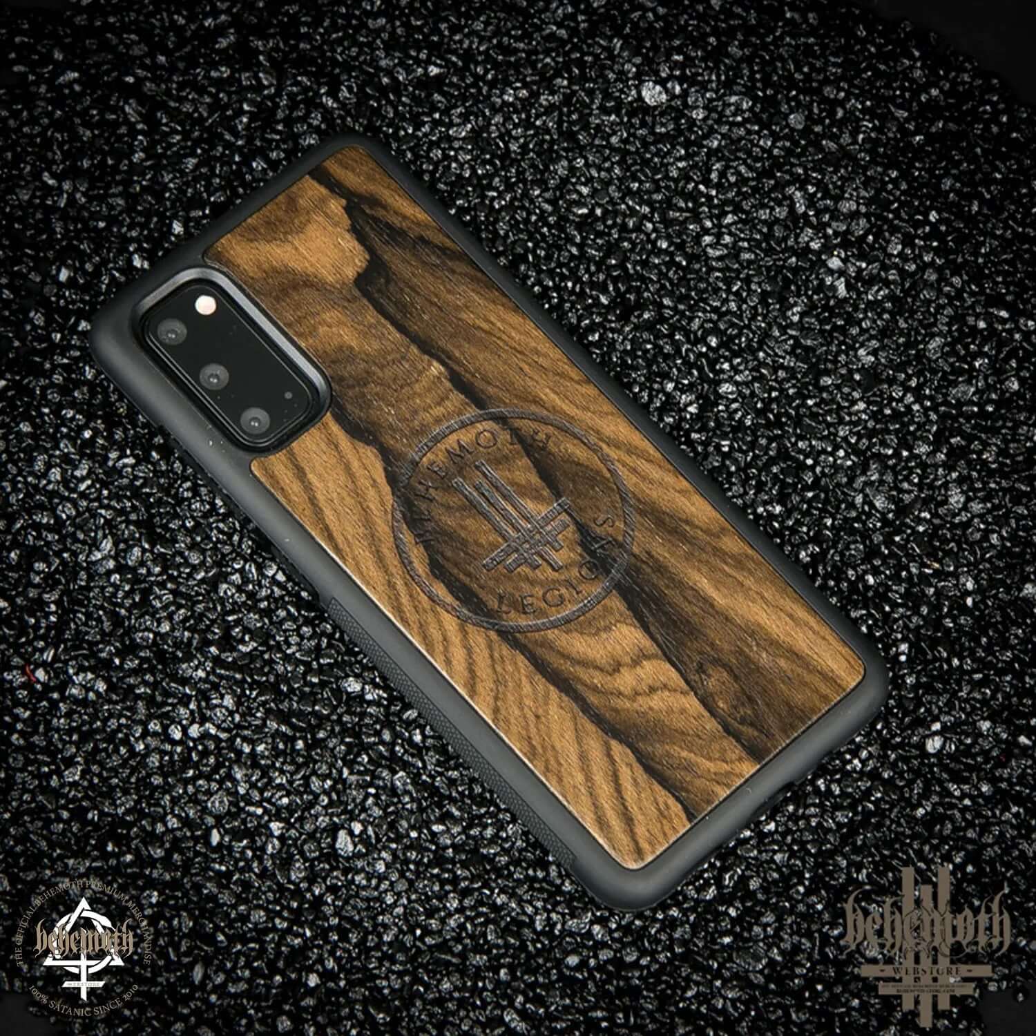 Samsung Galaxy S20 case with Ziricote wood finish and Behemoth Legions logo, hand-finished in Poland.