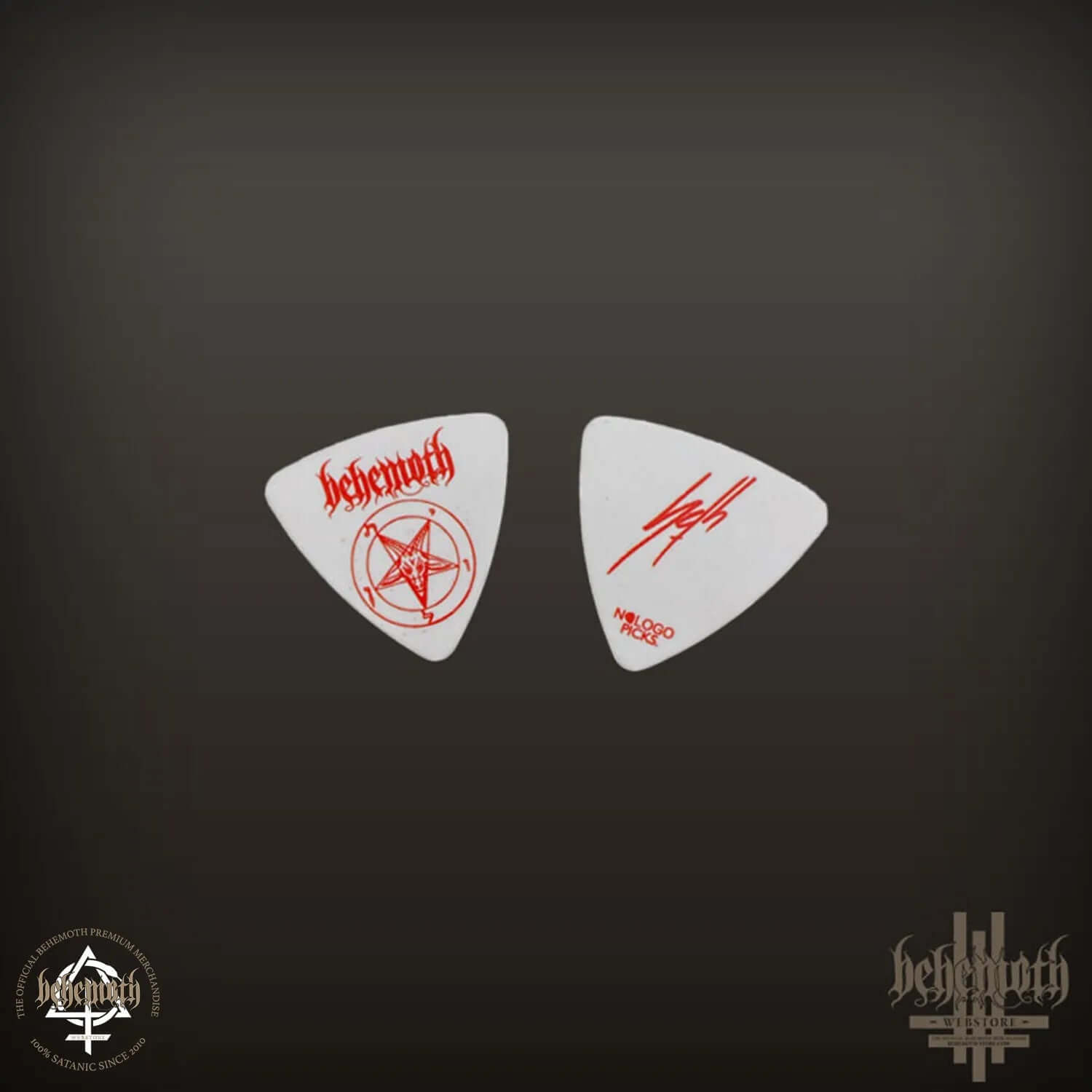 White Behemoth Seth signature guitar pick with Baphomet design, 0.88 mm thick, featuring red lettering and symbols, single item.