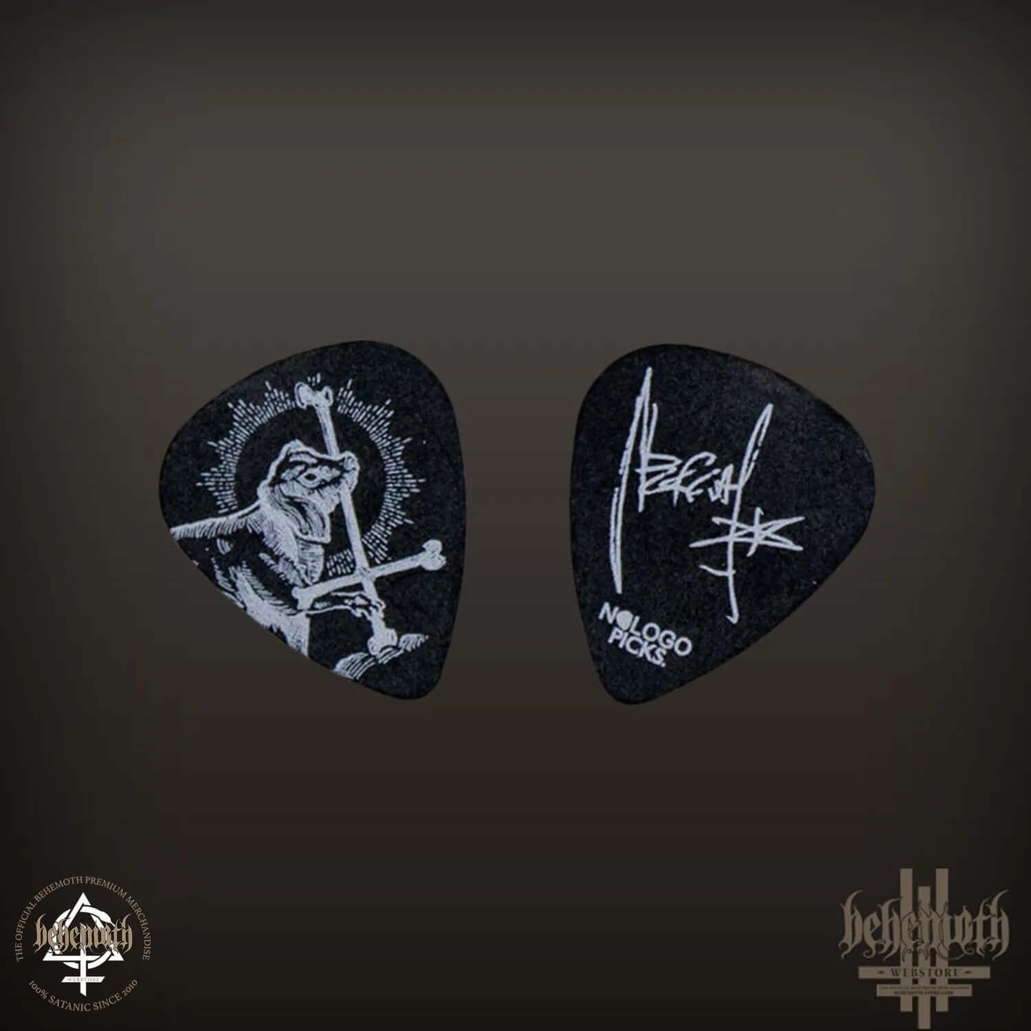 Nergal signature plastic guitar pick with Behemoth God=Dog print, 1mm thick, featuring unique artwork and branding.