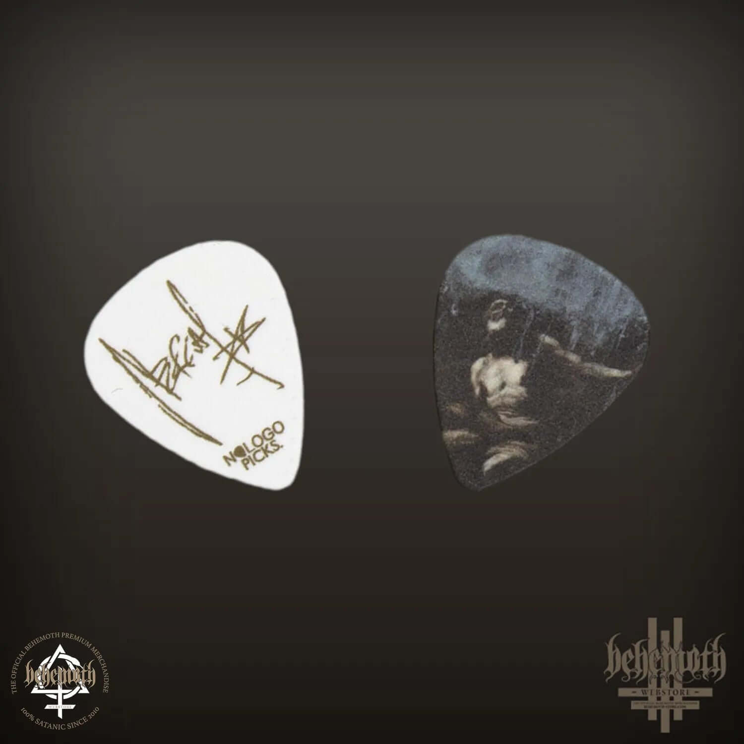 Behemoth Nergal signature plastic guitar pick with ILYAYD cover print, featuring unique design and autograph.