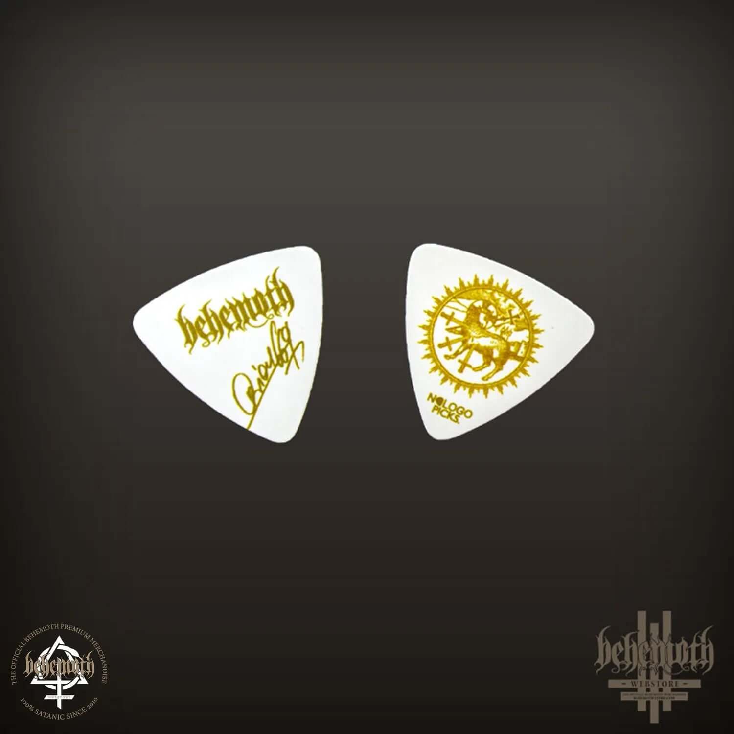 Orion signature Behemoth 'Messe Noire' guitar pick, 0.88 mm thickness, featuring gold logo and print on white plastic background.