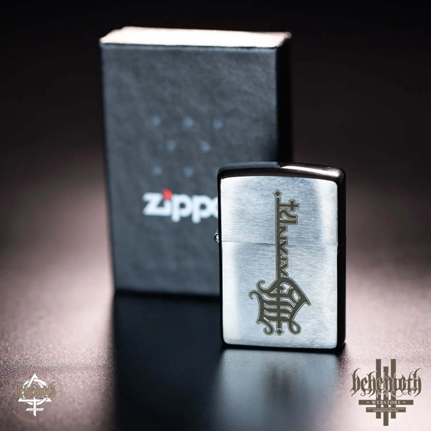 Behemoth ZIPPO 'The Unholy Trinity' brushed chrome lighter with direct engraving, windproof and made in USA. Gift box included.