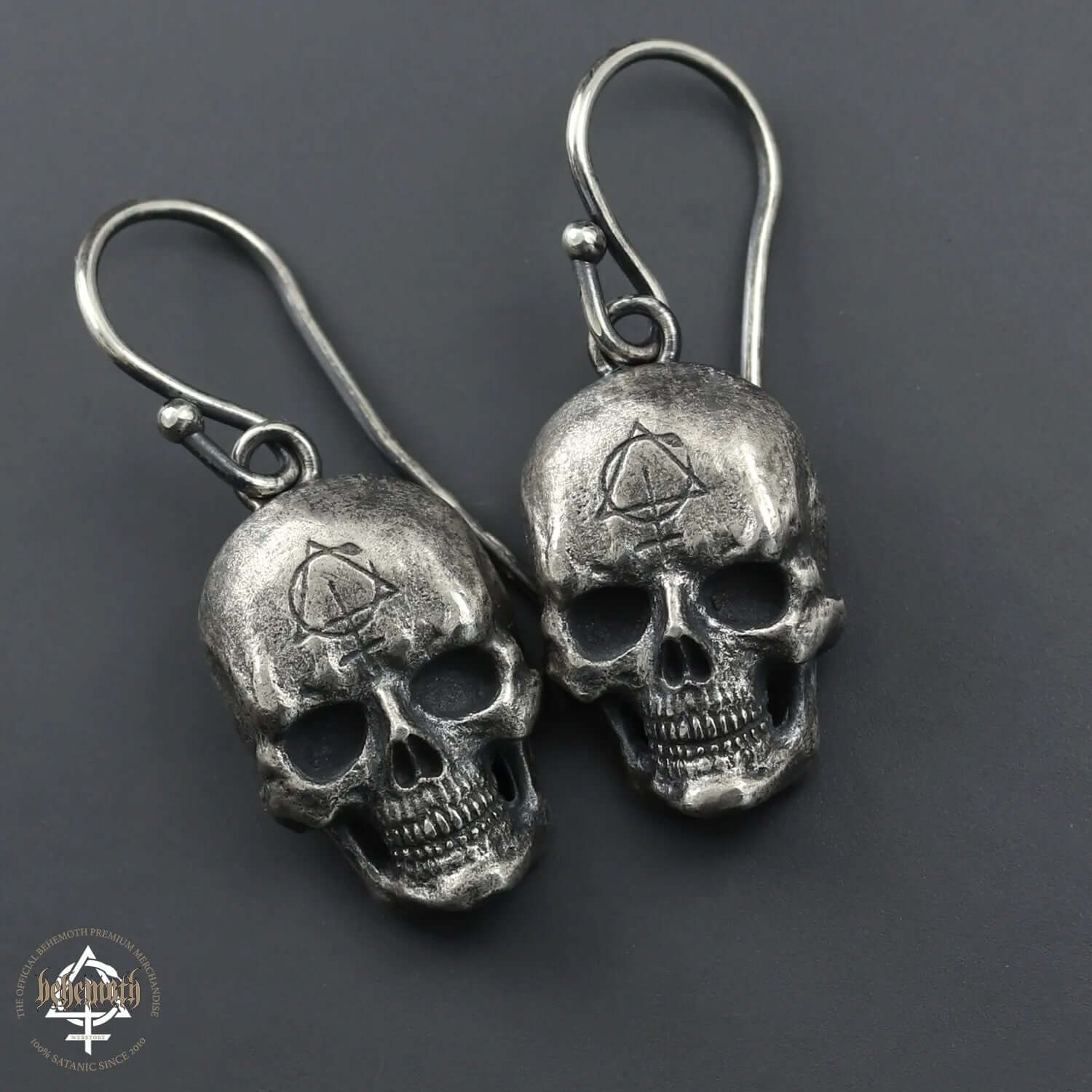Behemoth 'Contra Skull' sterling silver earrings, oxidized finish, hand sculpted, ancient lost wax technique, edgy jewelry design.