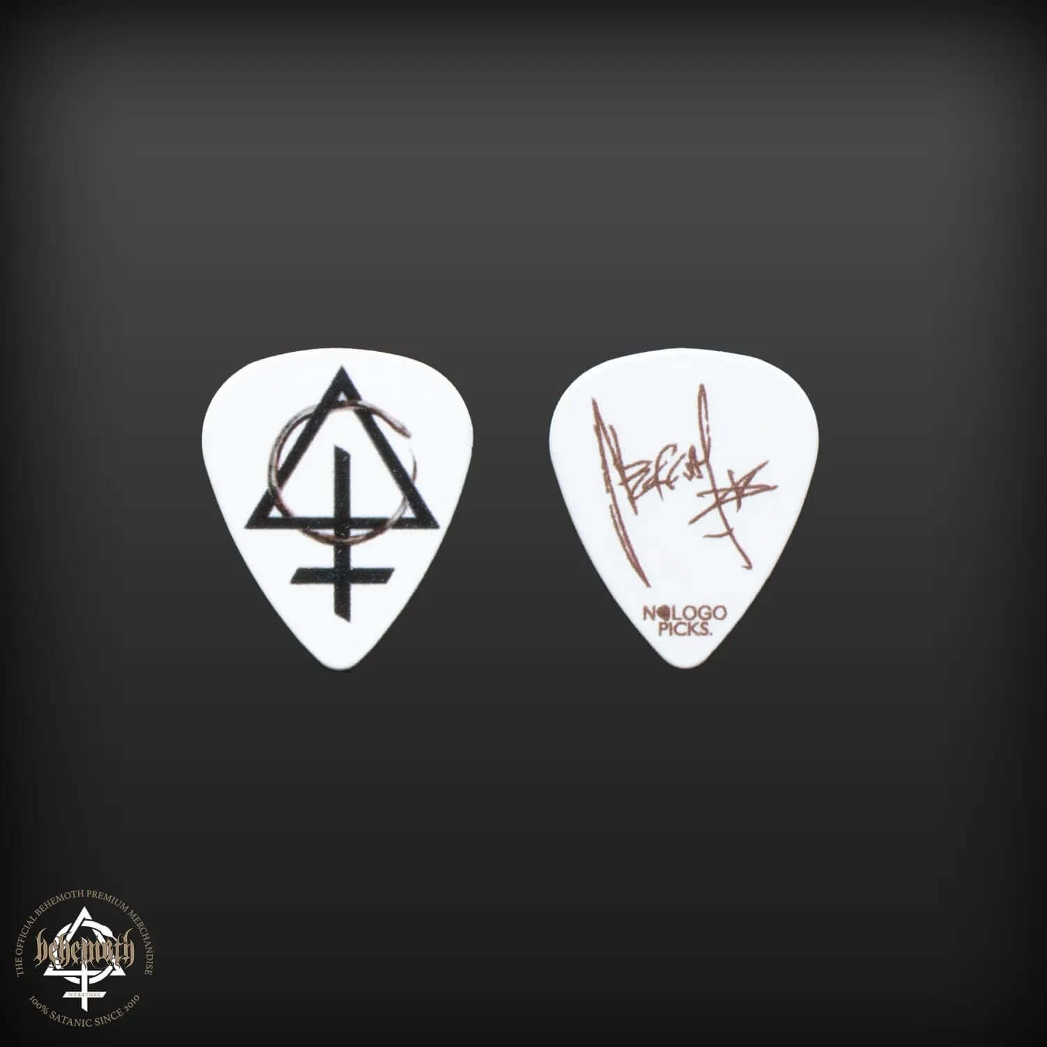 Nergal signature guitar pick with Behemoth 'Contra sigil', 1 mm thickness, white plastic.