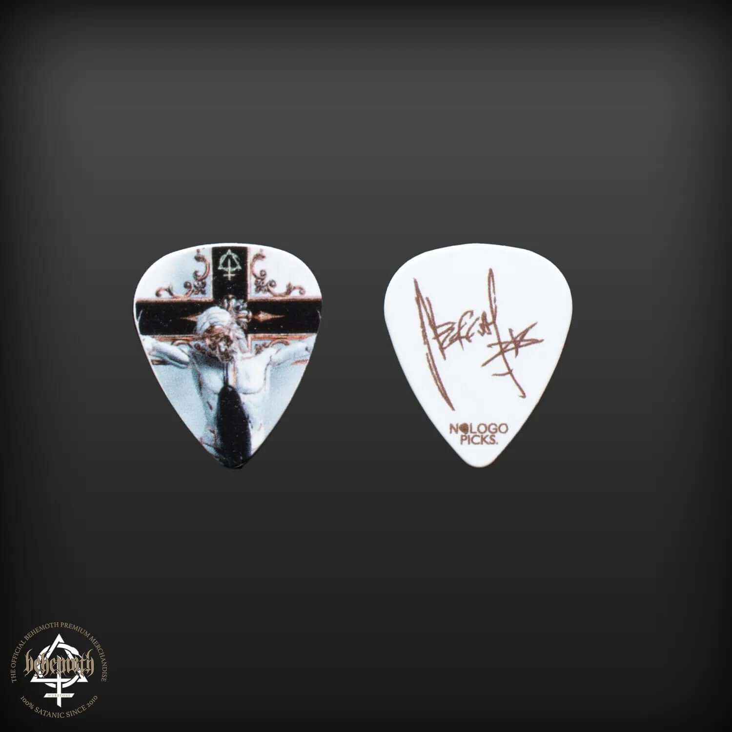 Behemoth 'OCN Cross' Nergal Signature White Plastic Guitar Pick, 1mm Thickness, with Iconic Band Logo and Autograph Print.