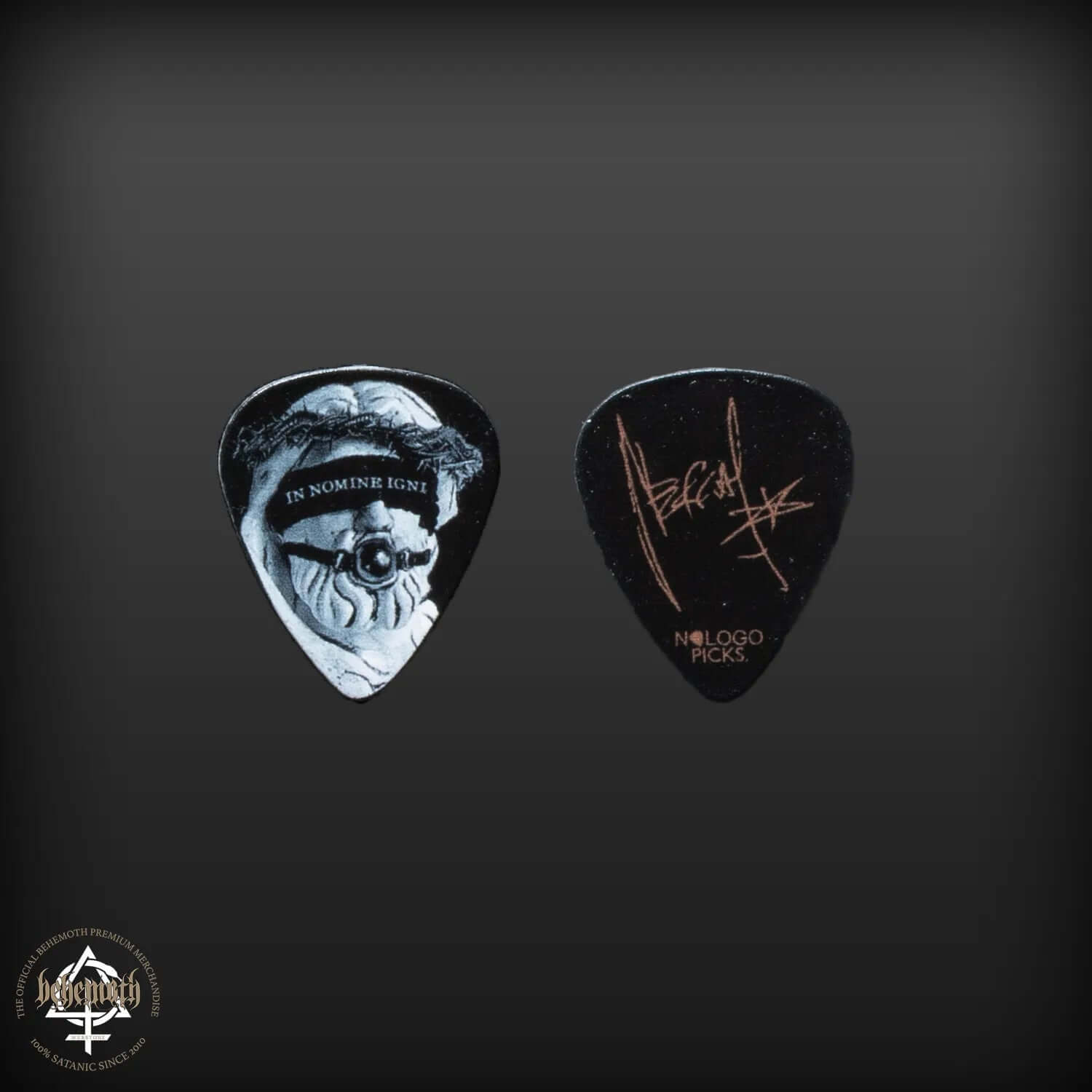 Behemoth 'In Nomine Igni' Nergal signature guitar pick, plastic, 1 mm thick, featuring unique design and autograph.